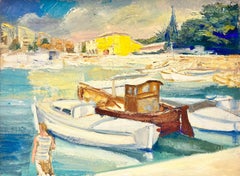 Huile française des années 1950 représentant des bateaux de port méditerranéens en Tranquil et une figure