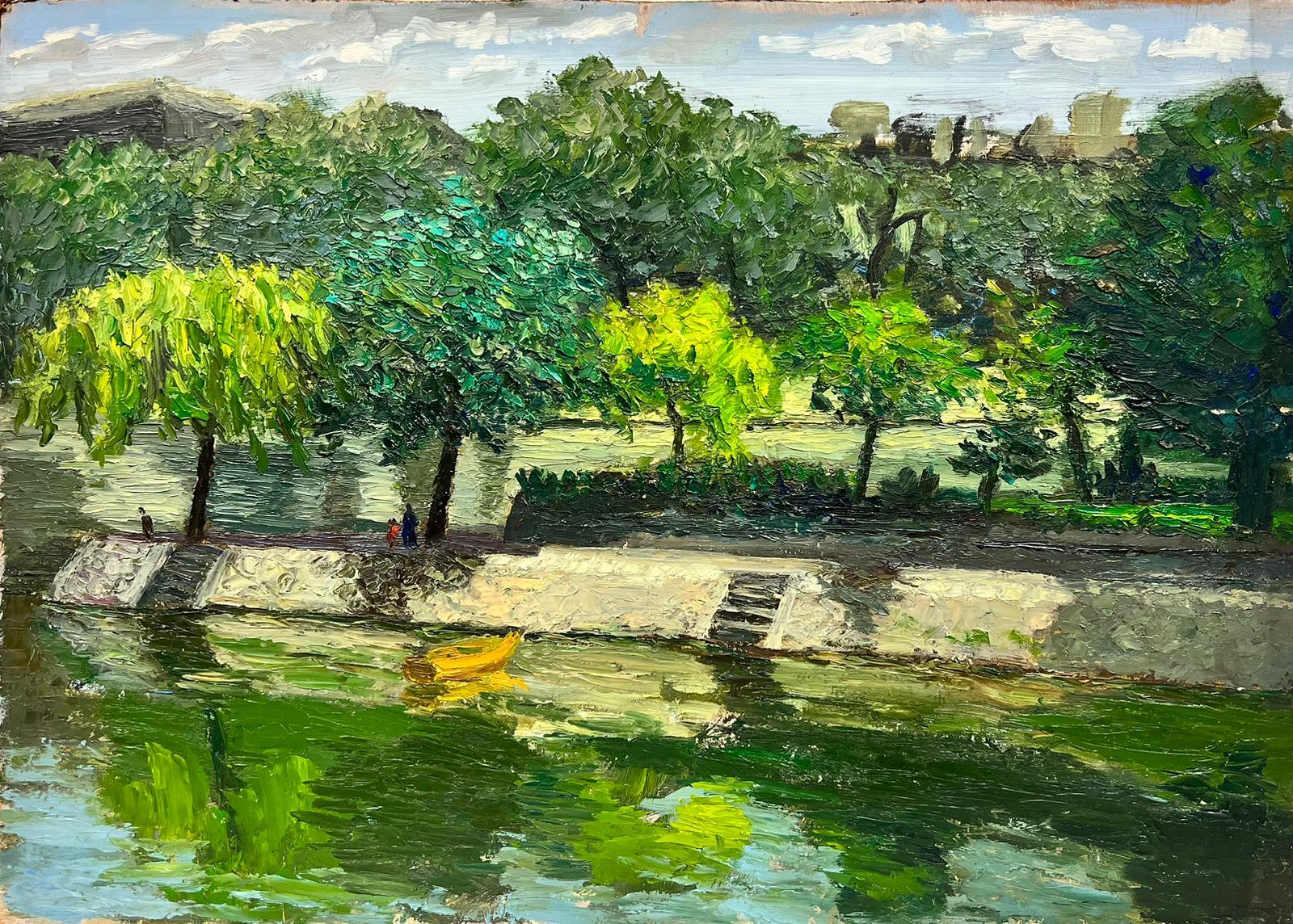Josine Vignon Figurative Painting - Spring Time Down By The Peaceful River Thick Oil Impasto Landscape