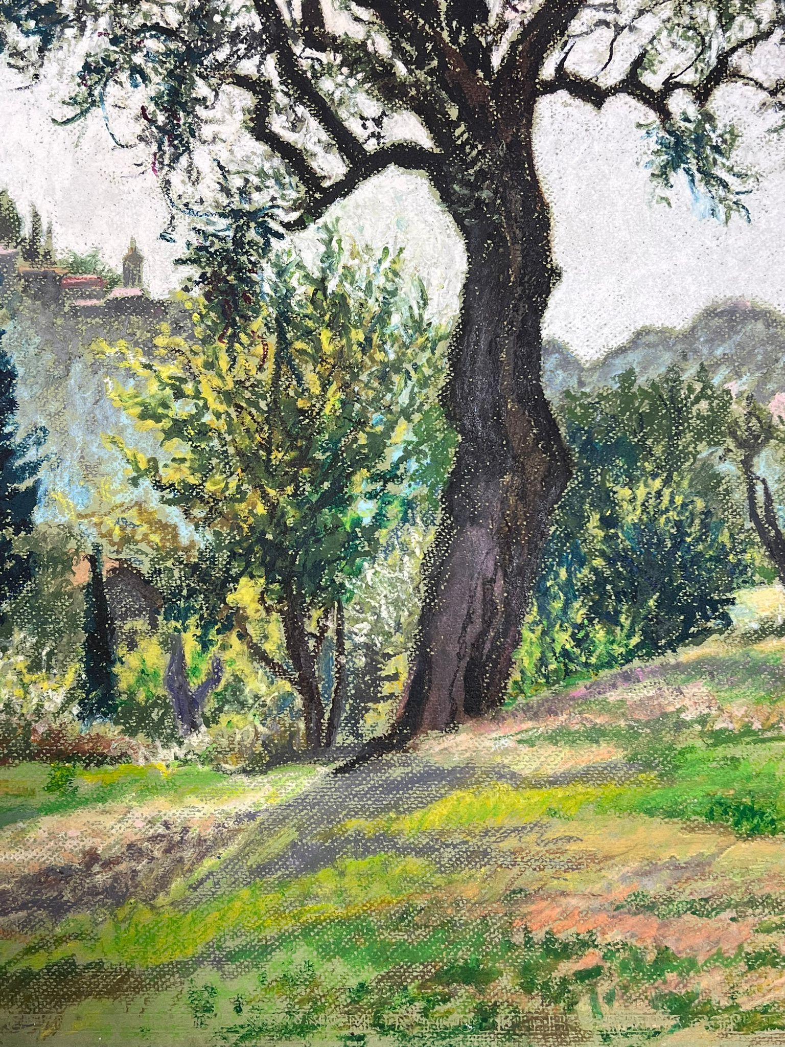 St. Paul de Vence Provence Landscape Large 1970's French Impressionist Pastel  For Sale 1