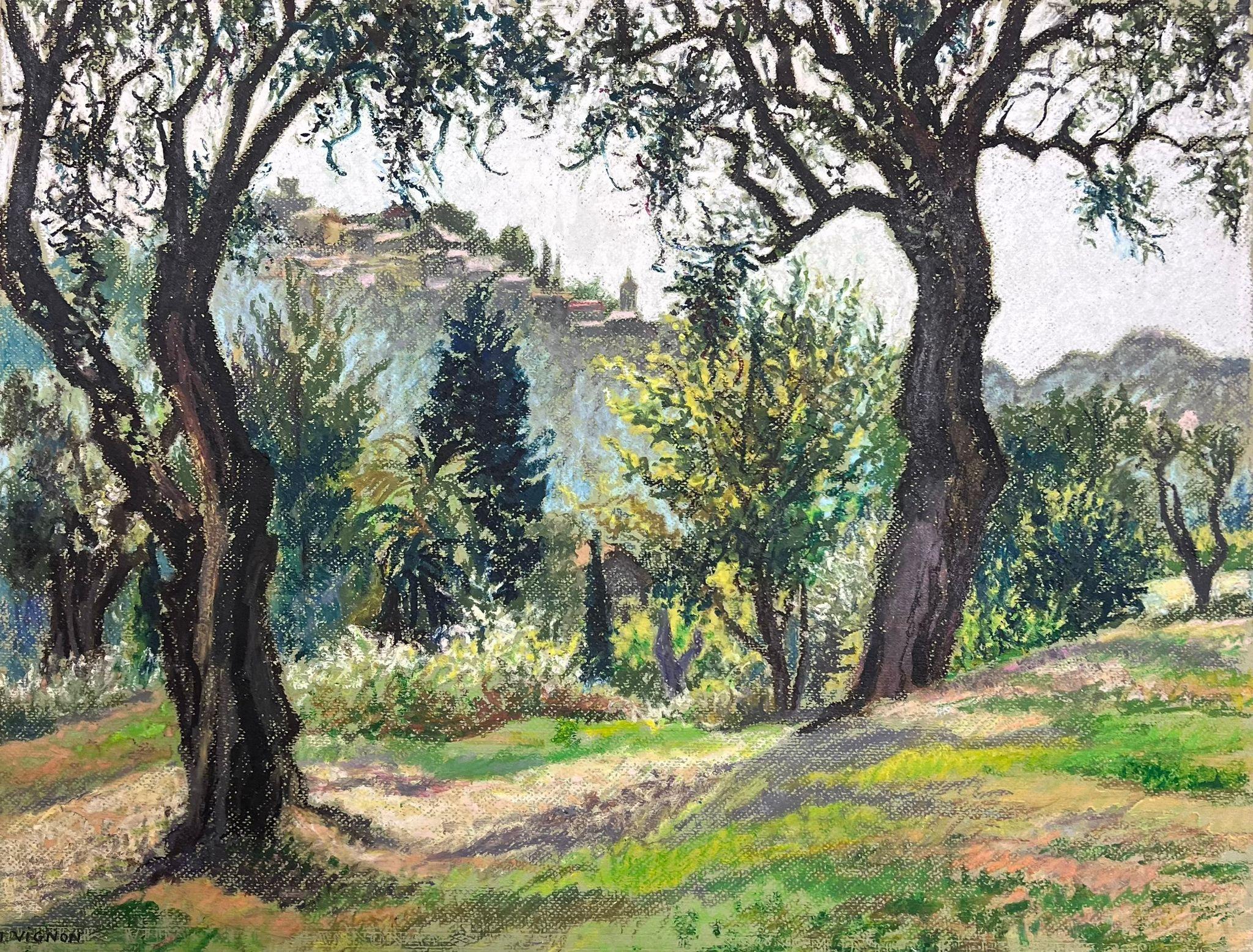 St. Paul de Vence Provence Landscape Large 1970's French Impressionist Pastel  For Sale 2