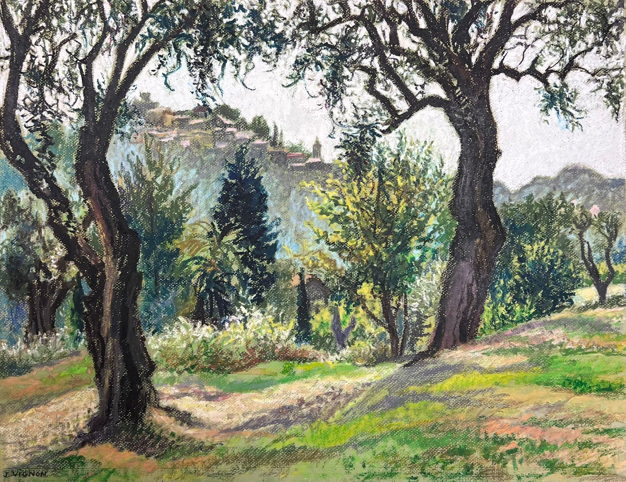 Josine Vignon Landscape Painting – St. Paul de Vence Provence Landschaft, Große französische impressionistische Pastelllandschaft, 1970er Jahre 