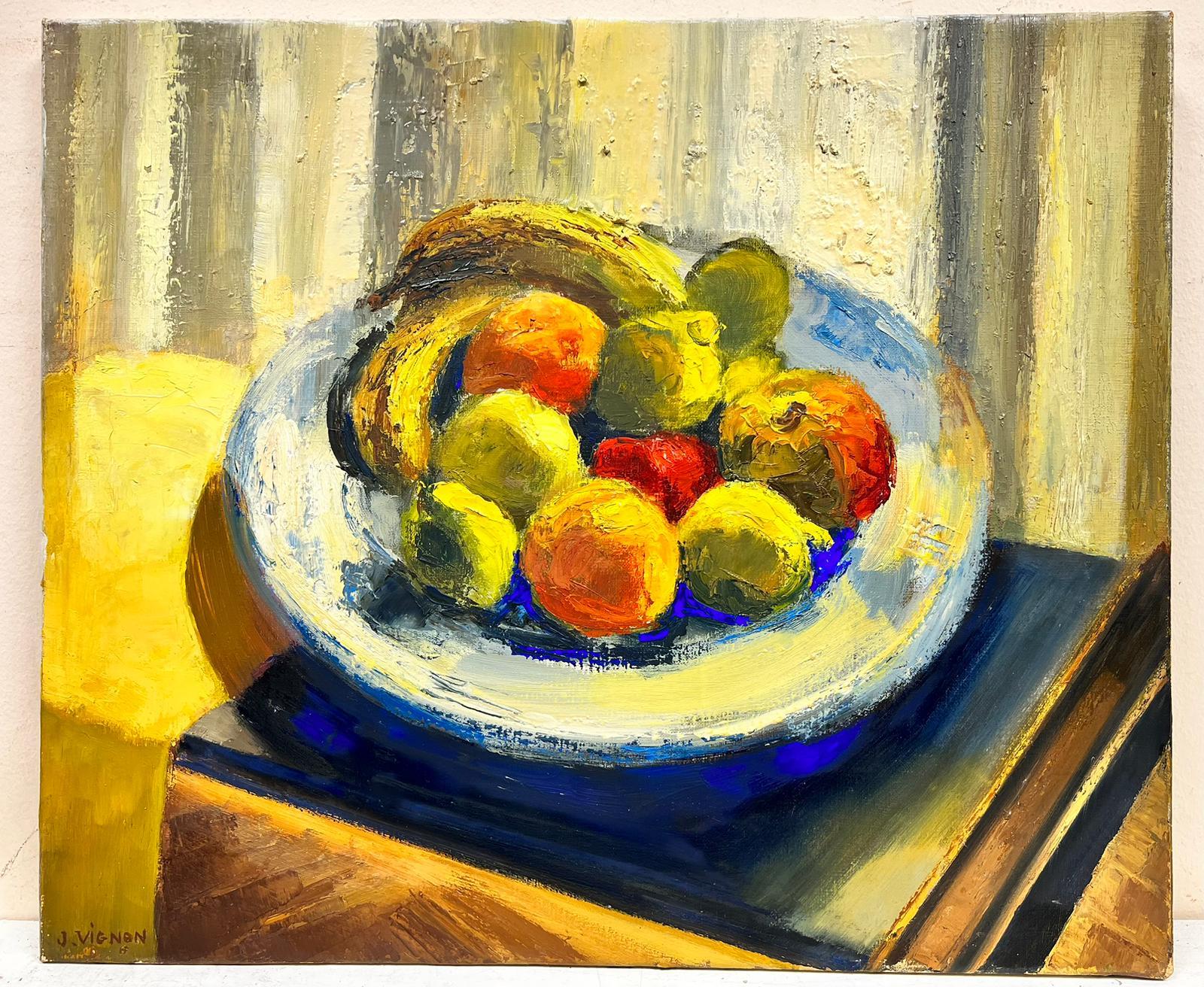 Still Life of Fruit in Bowl 1960's French Post Impressionist Colorful Oil Paint - Painting by Josine Vignon