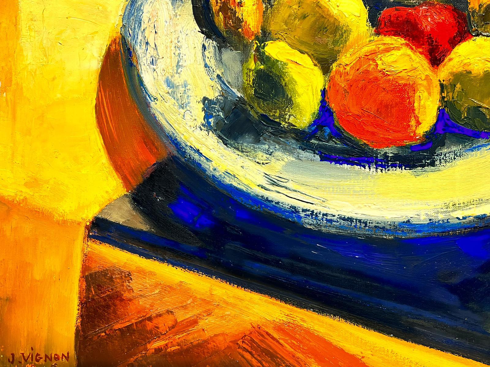 Still Life of Fruit in Bowl 1960's French Post Impressionist Colorful Oil Paint For Sale 3