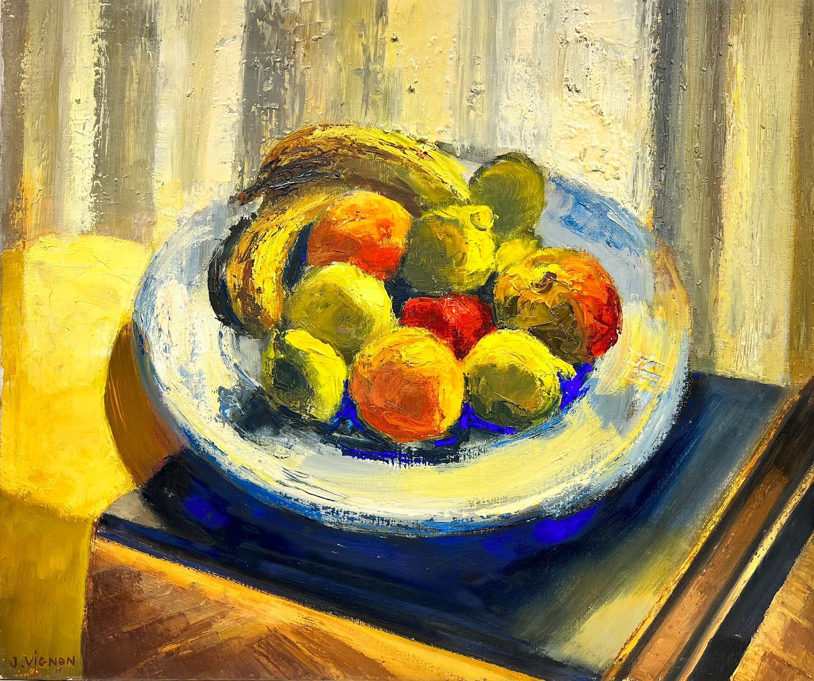 Interior Painting di Josine Vignon - Natura morta di frutta in una ciotola Anni '60, pittura a olio colorata post impressionista francese