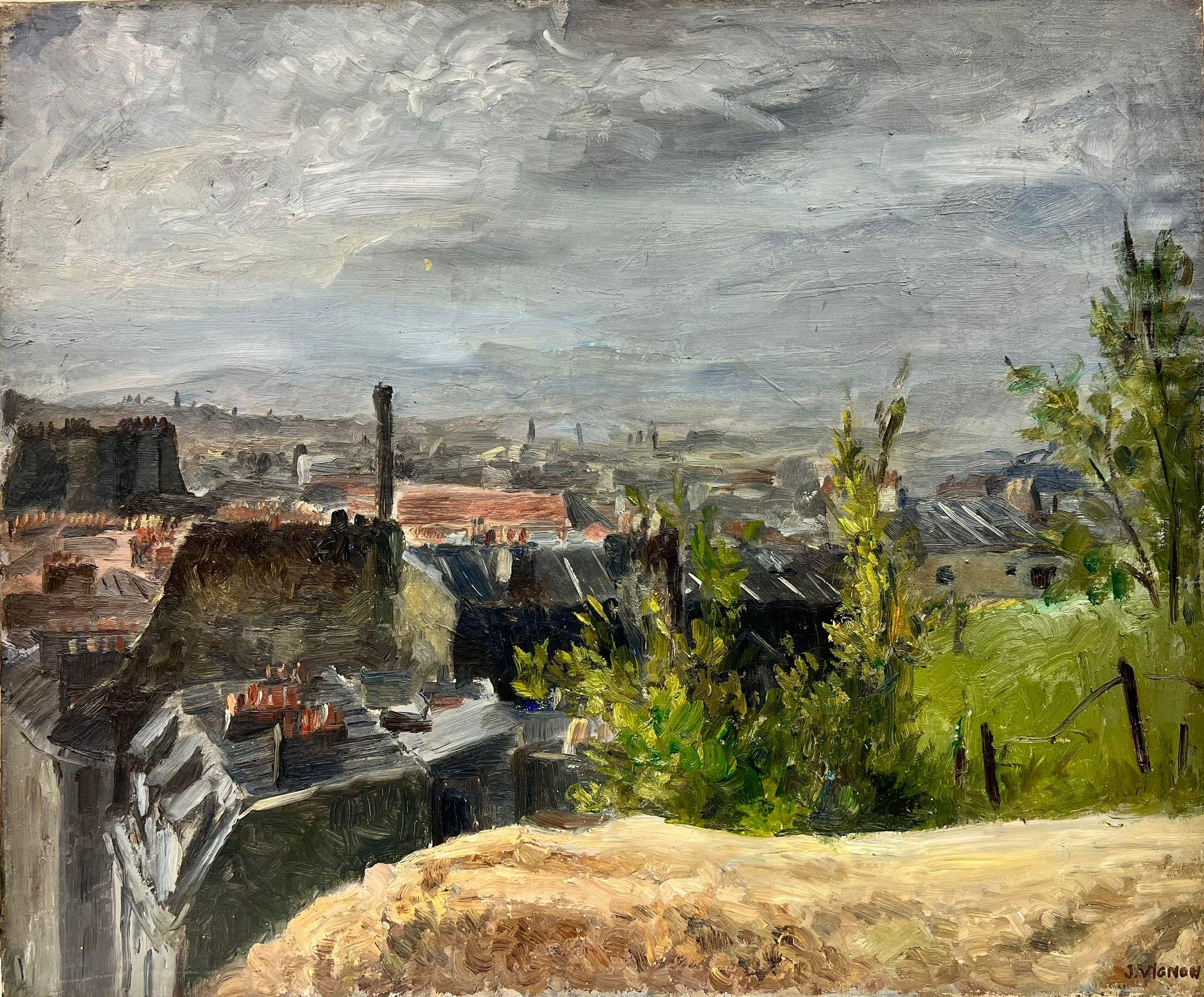 Landscape Painting Josine Vignon - Storm Over Clouds Rooftops, peinture à l'huile épaisse signée Thick Impasto