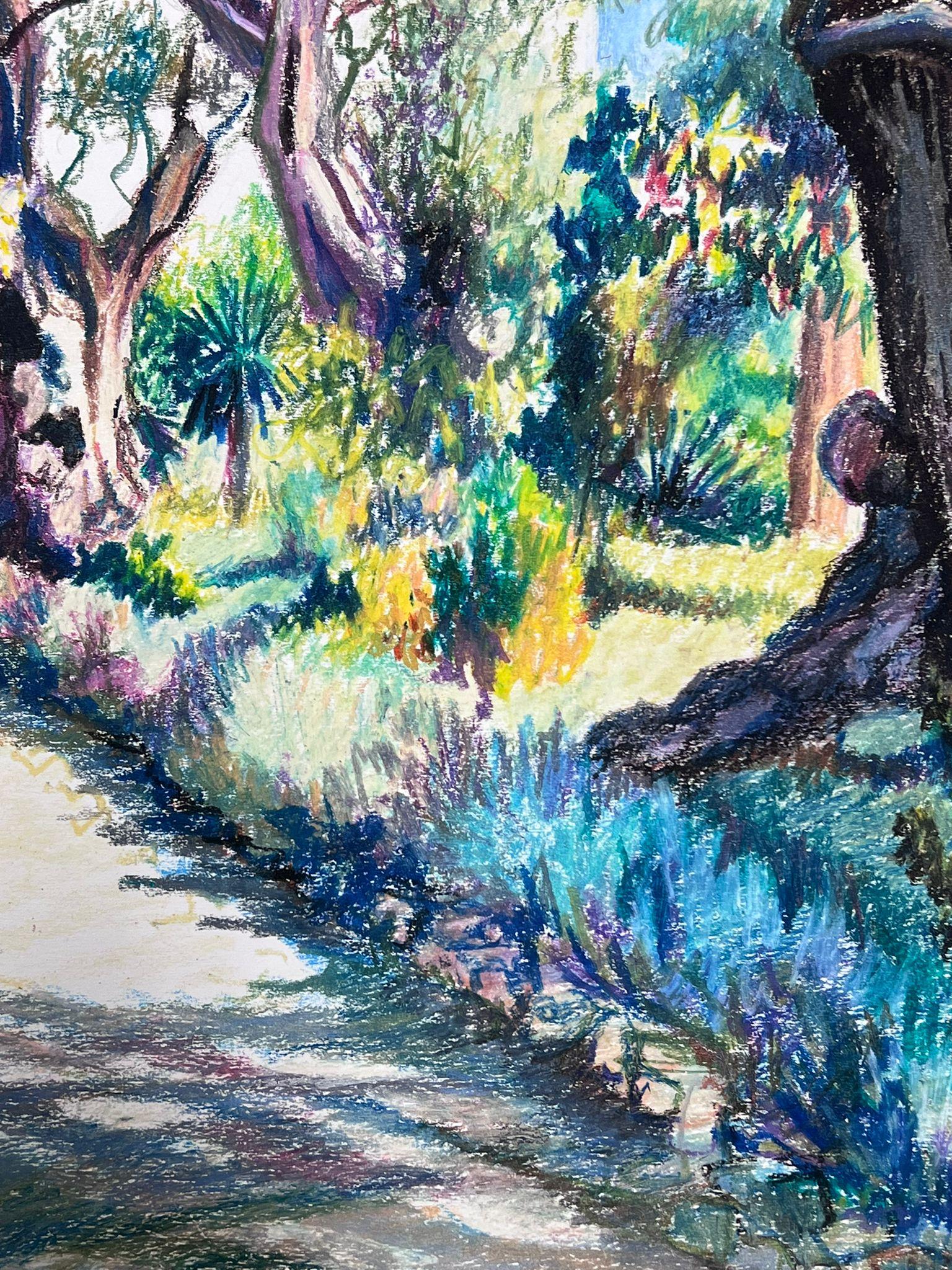Großer Sommerküstenbaumweg Großer französischer impressionistischer Pastell, 1970er Jahre  (Impressionismus), Painting, von Josine Vignon