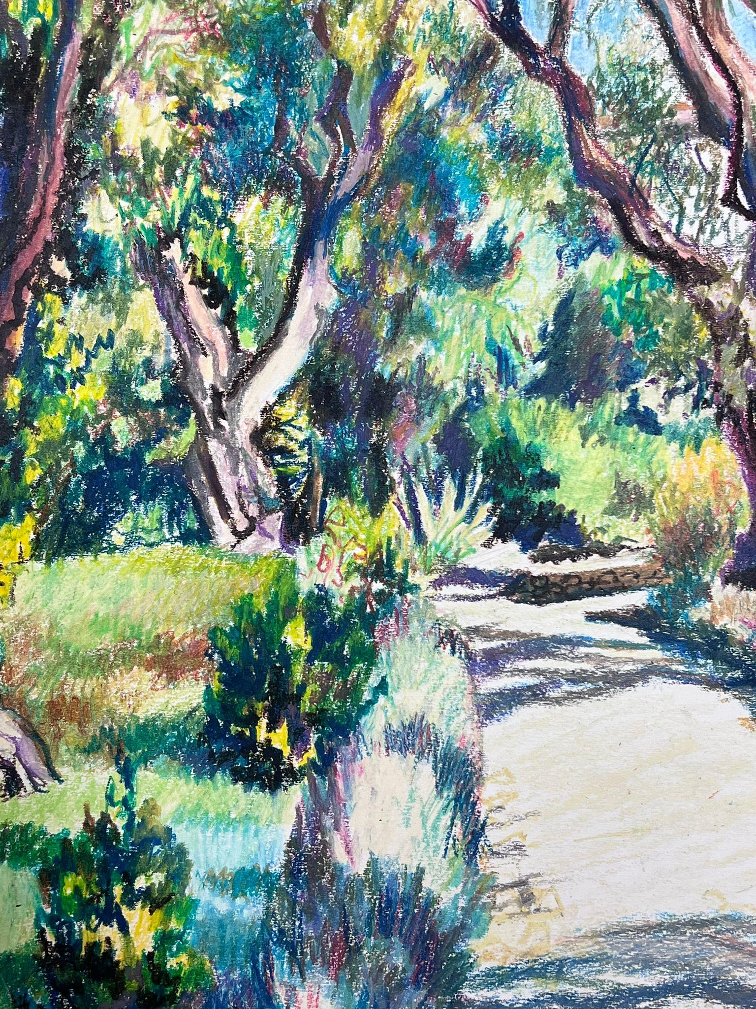Summer Coastal Tree Path Large 1970's French Impressionist Pastel  For Sale 1