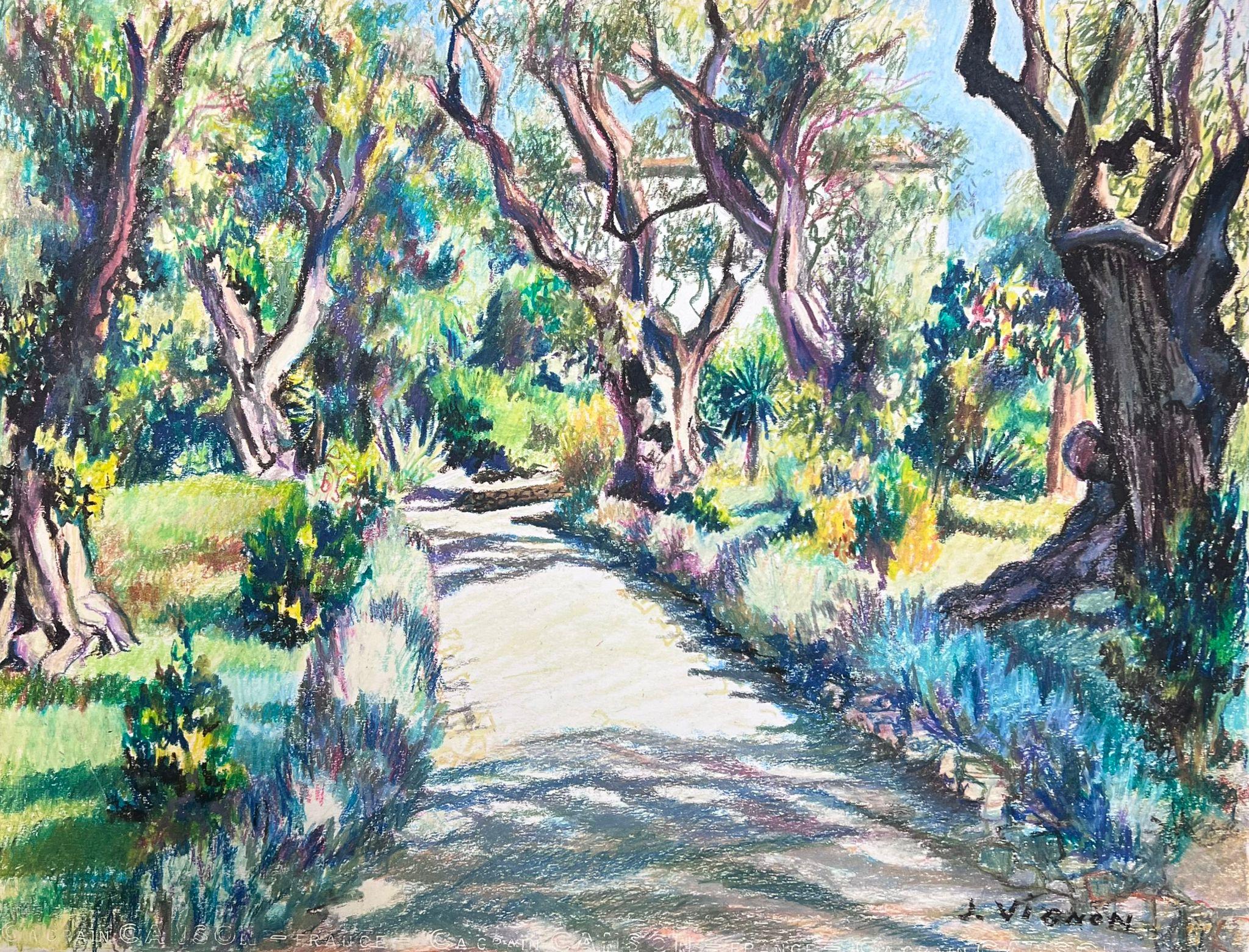 Josine Vignon Landscape Painting - Summer Coastal Tree Path Large 1970's French Impressionist Pastel 