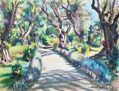 Chemin d'arbre d'été des années 1970, Pastel impressionniste français 