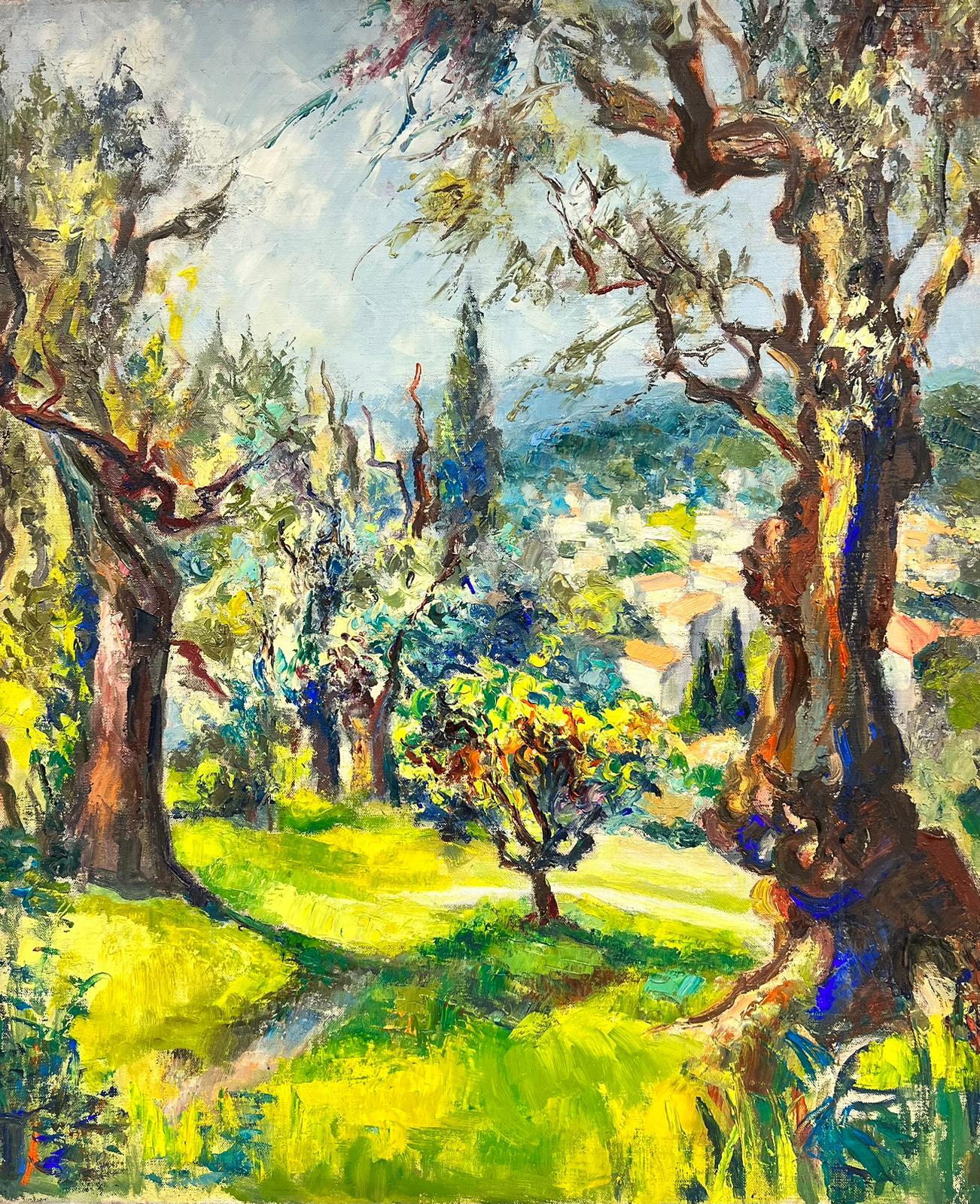 Landscape Painting de Josine Vignon - Verano en la Provenza Verde dorado y amarillo claro Pintura al óleo impresionista francesa