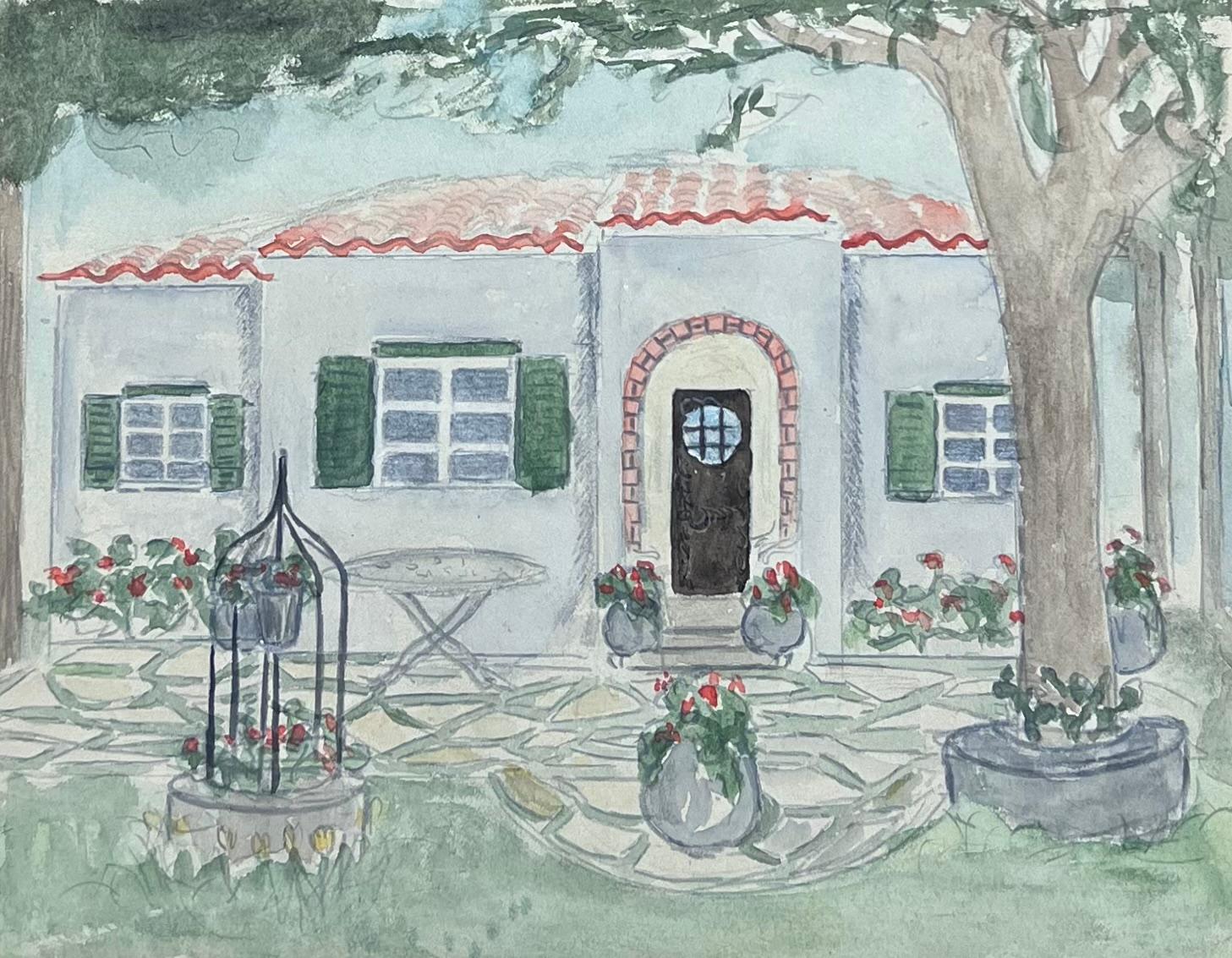 Sunlit Red Roof Charming Villa Retreat Französisches Aquarell aus der Mitte des Jahrhunderts – Art von Josine Vignon