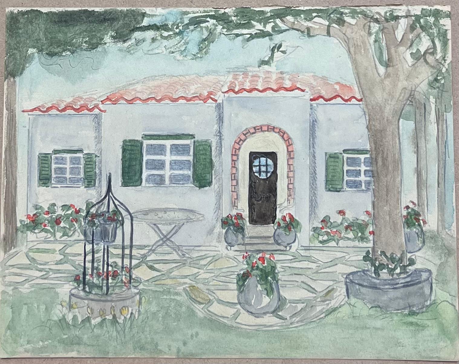 Sunlit Red Roof Charming Villa Retreat Französisches Aquarell aus der Mitte des Jahrhunderts (Post-Impressionismus), Art, von Josine Vignon