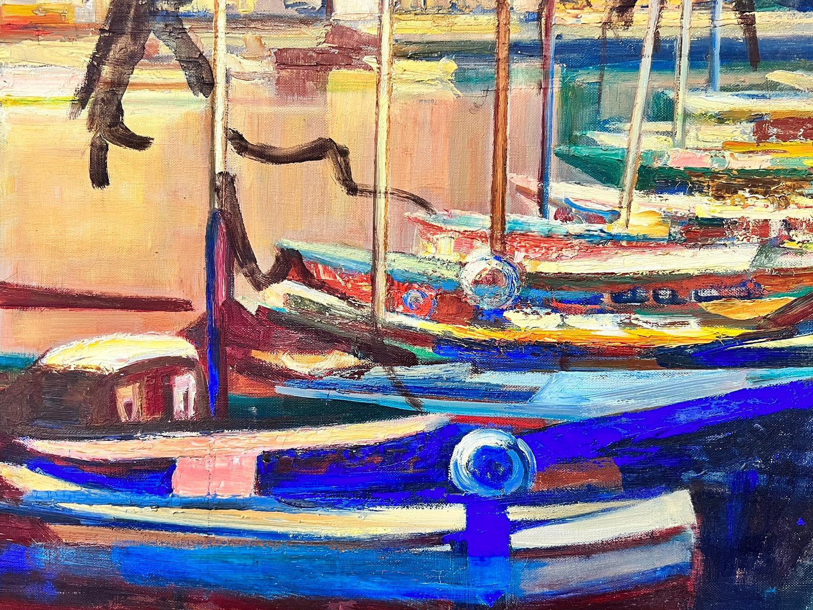 Sunset over Blue Boats in Harbor Very Large 1970’s French Signed Oil on Canvas - Painting by Josine Vignon