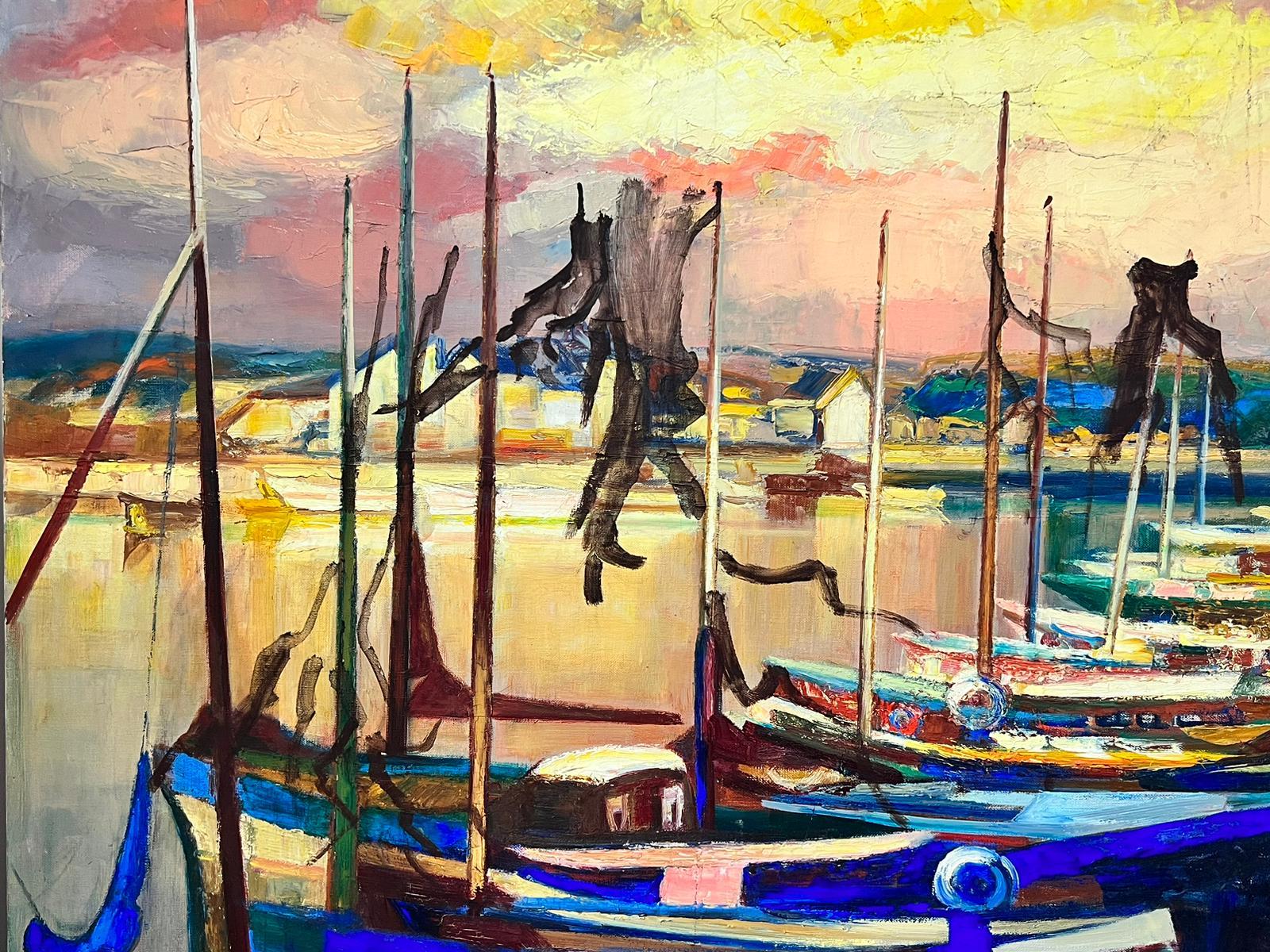Sunset over Blue Boats in Harbor Very Large 1970’s French Signed Oil on Canvas For Sale 2