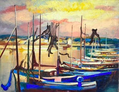 Coucher de soleil sur les bateaux bleus dans le port Très grande huile sur toile signée par un Français des années 1970