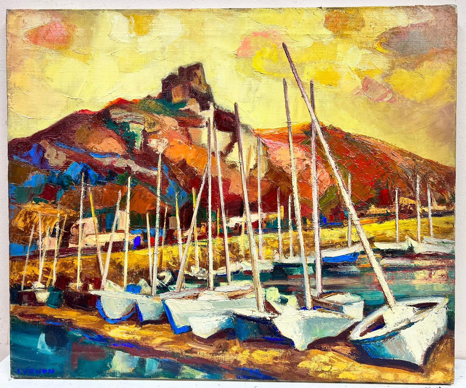 Tramonto sul porto della Provenza Olio firmato post impressionista - Painting di Josine Vignon