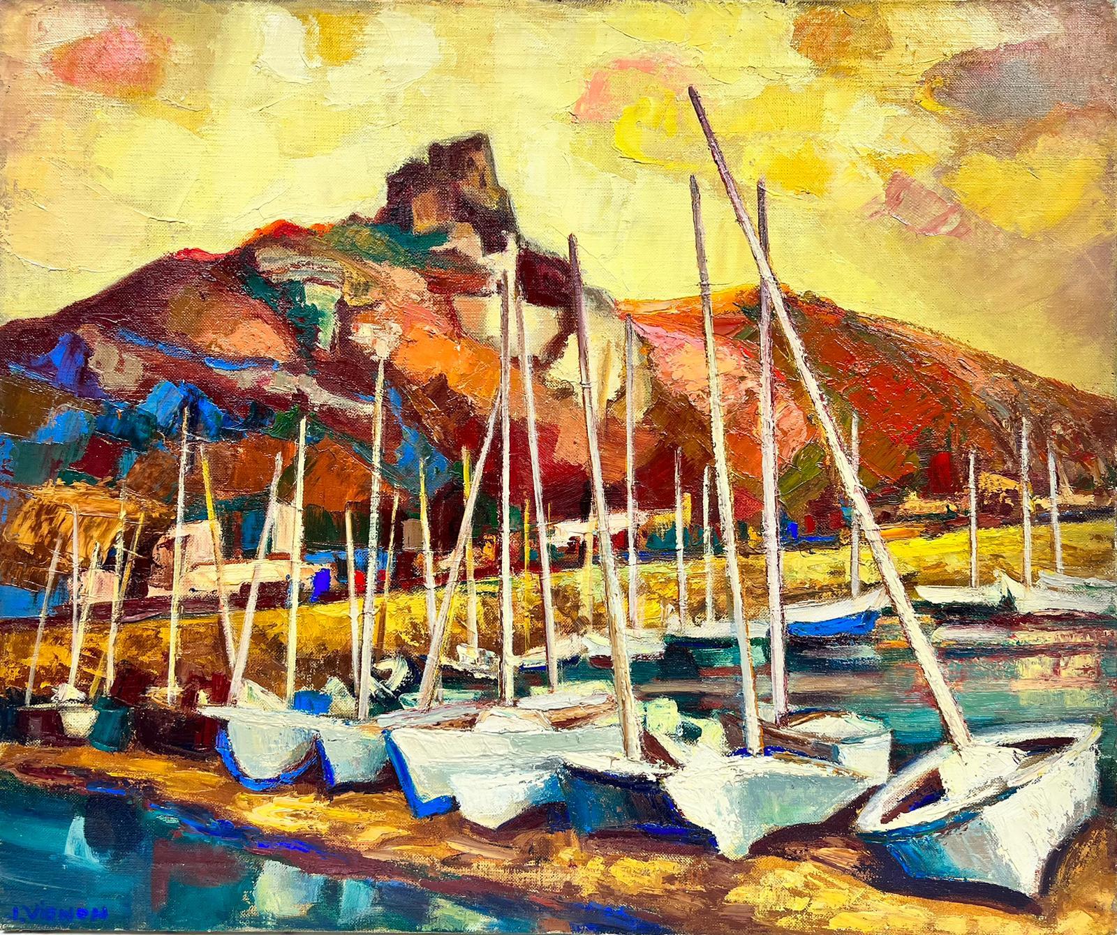 Landscape Painting di Josine Vignon - Tramonto sul porto della Provenza Olio firmato post impressionista
