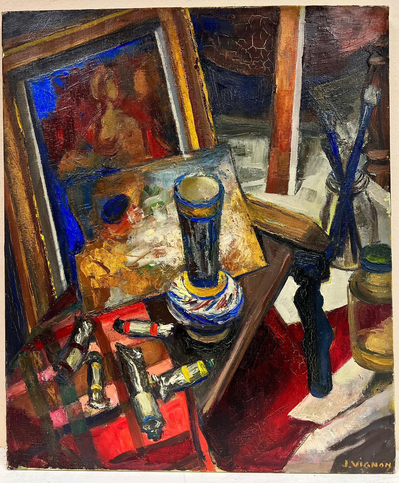 The Artist's Studio Post Impressionist Signed Oil Interior Scene - Painting by Josine Vignon