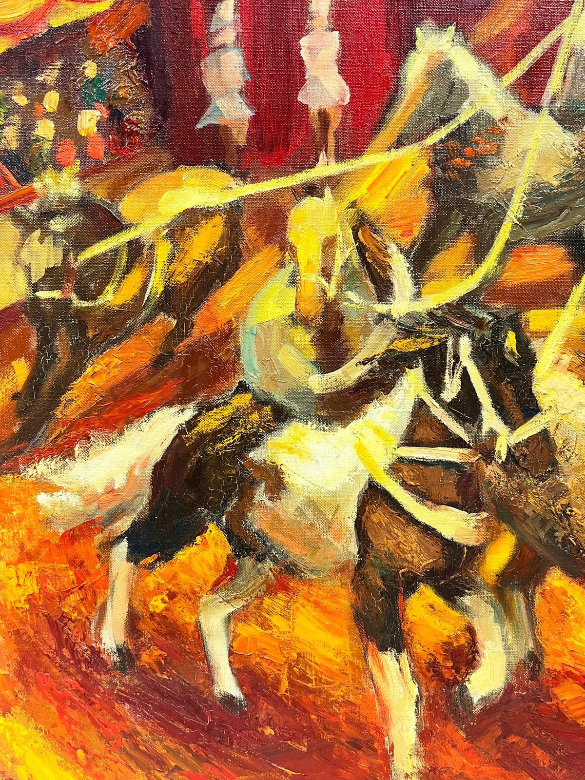 Große französische postimpressionistische Öl- Zirkus-Ring-Interieurszene mit Zirkuspferden – Painting von Josine Vignon