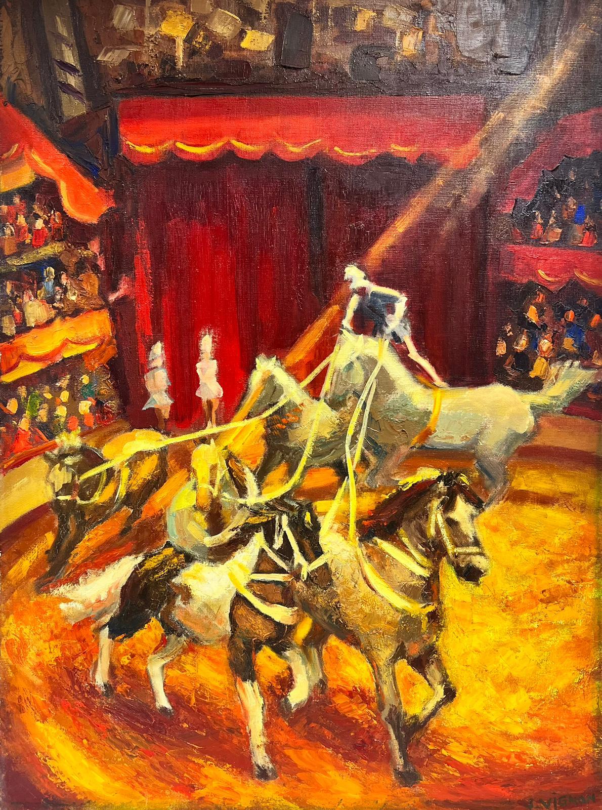 Josine Vignon Animal Painting – Große französische postimpressionistische Öl- Zirkus-Ring-Interieurszene mit Zirkuspferden