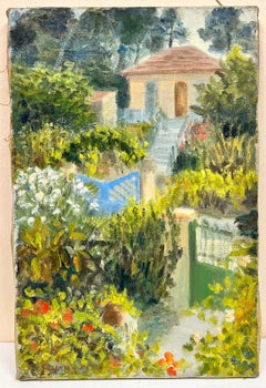 Le chemin menant à la maison dans le jardin vert, huile de paysage