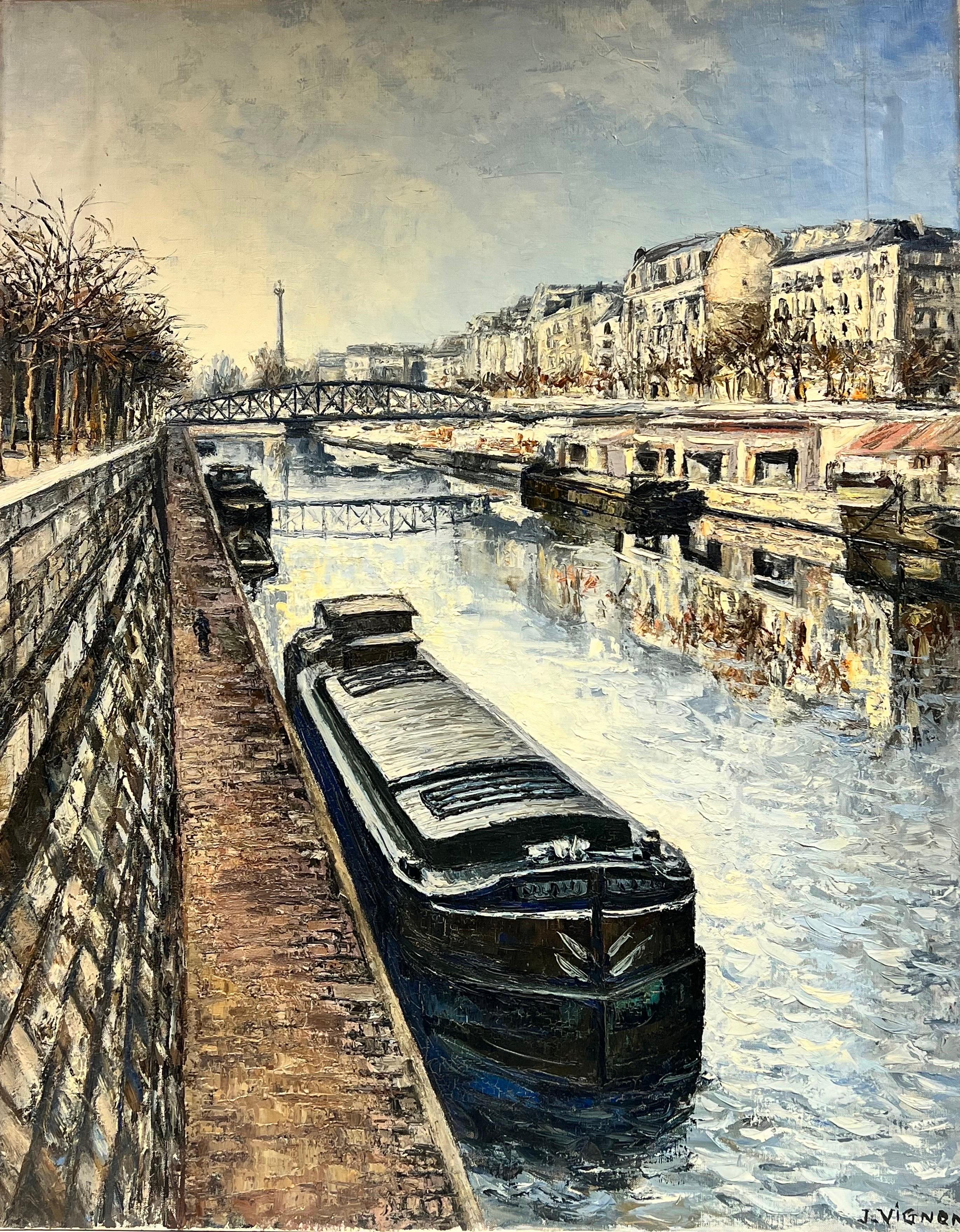 Josine Vignon Landscape Painting - The River Seine Paris Huge French Post Impressionist Signed Oil on canvas