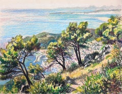 Le sud de la France, grande vue sur la mer, Pastel impressionniste français des années 1970 