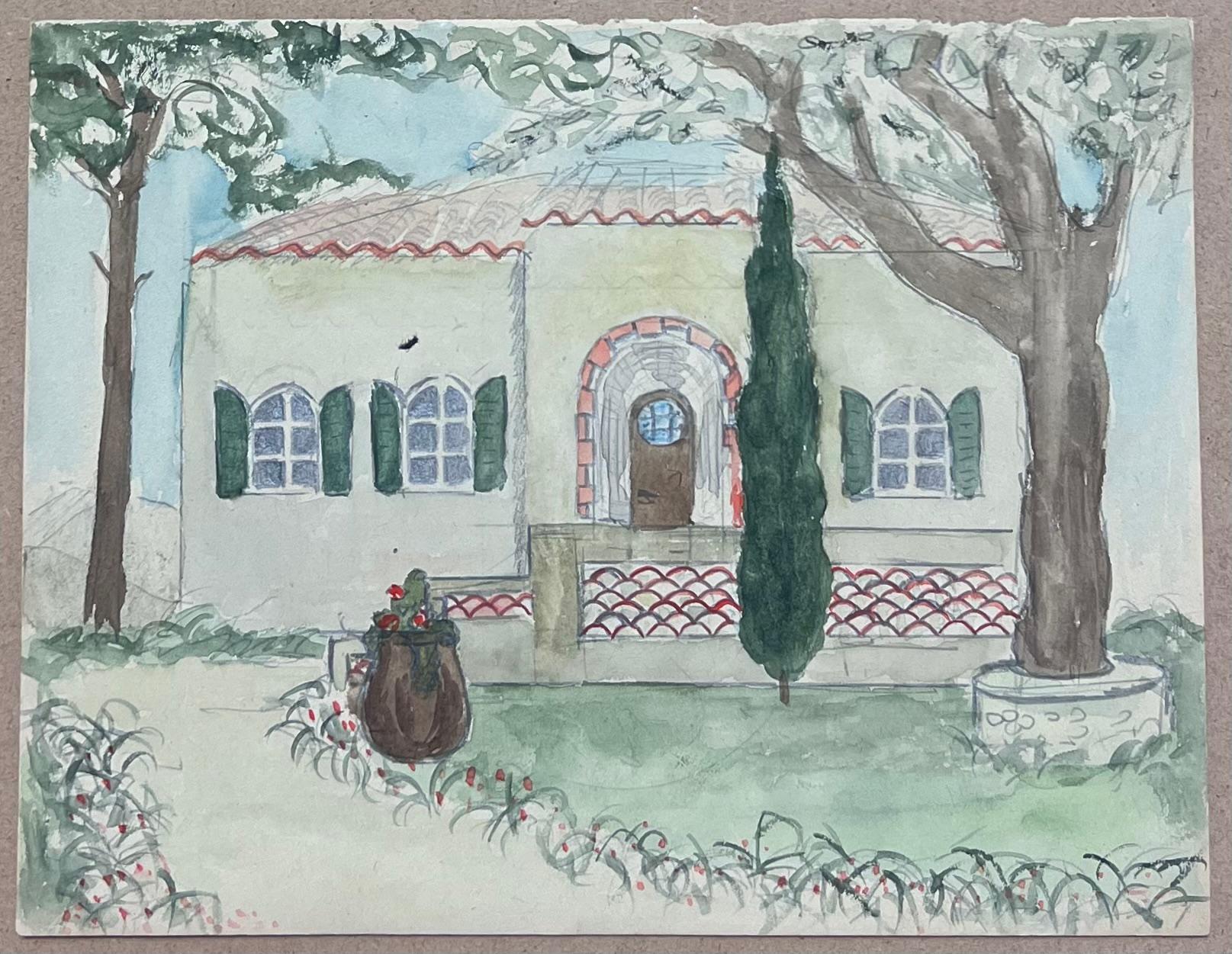 Villa Tranquil française dans un jardin fleuri vert aquarelle française - Painting de Josine Vignon