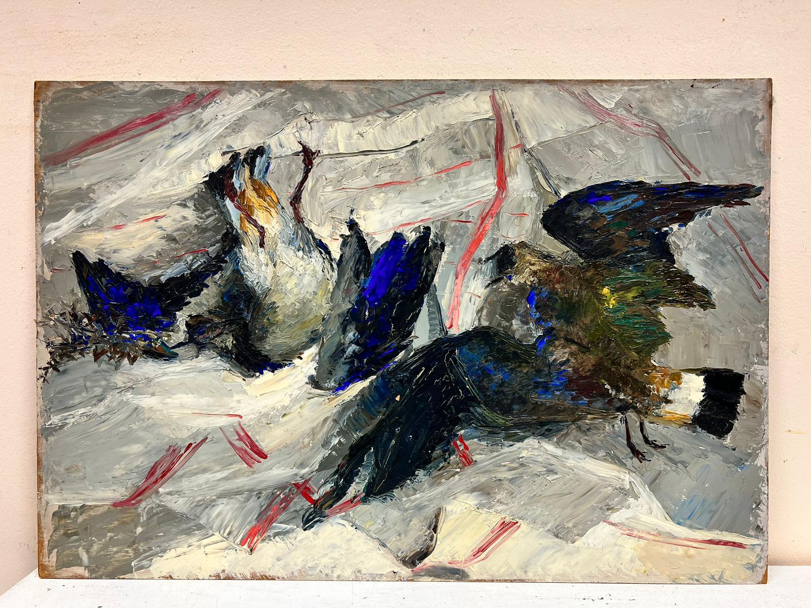 Deux oiseaux dansants bleus épaisses peinture à l'huile abstraite animal - Painting de Josine Vignon