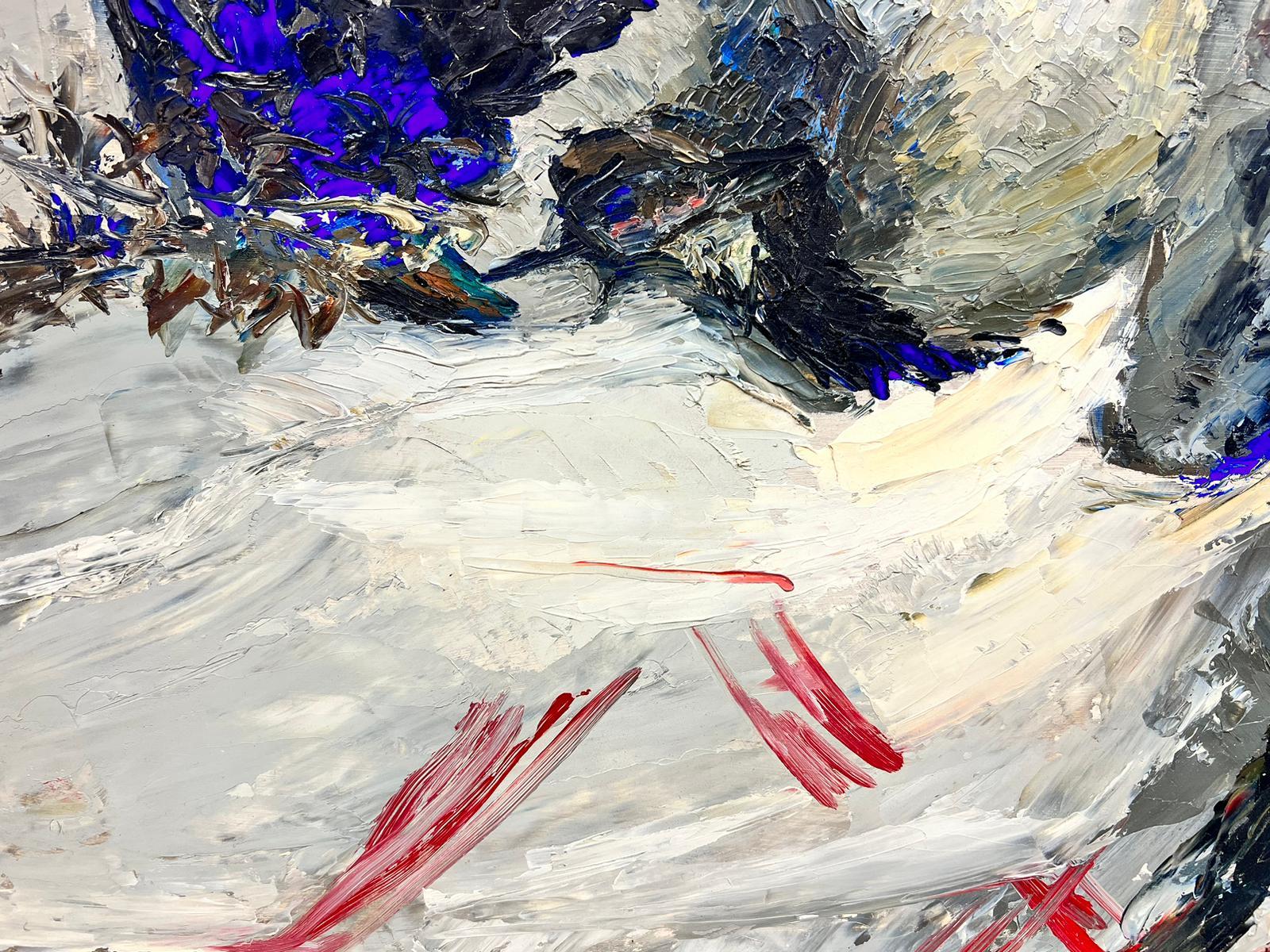 Deux oiseaux dansants bleus épaisses peinture à l'huile abstraite animal - Post-impressionnisme Painting par Josine Vignon
