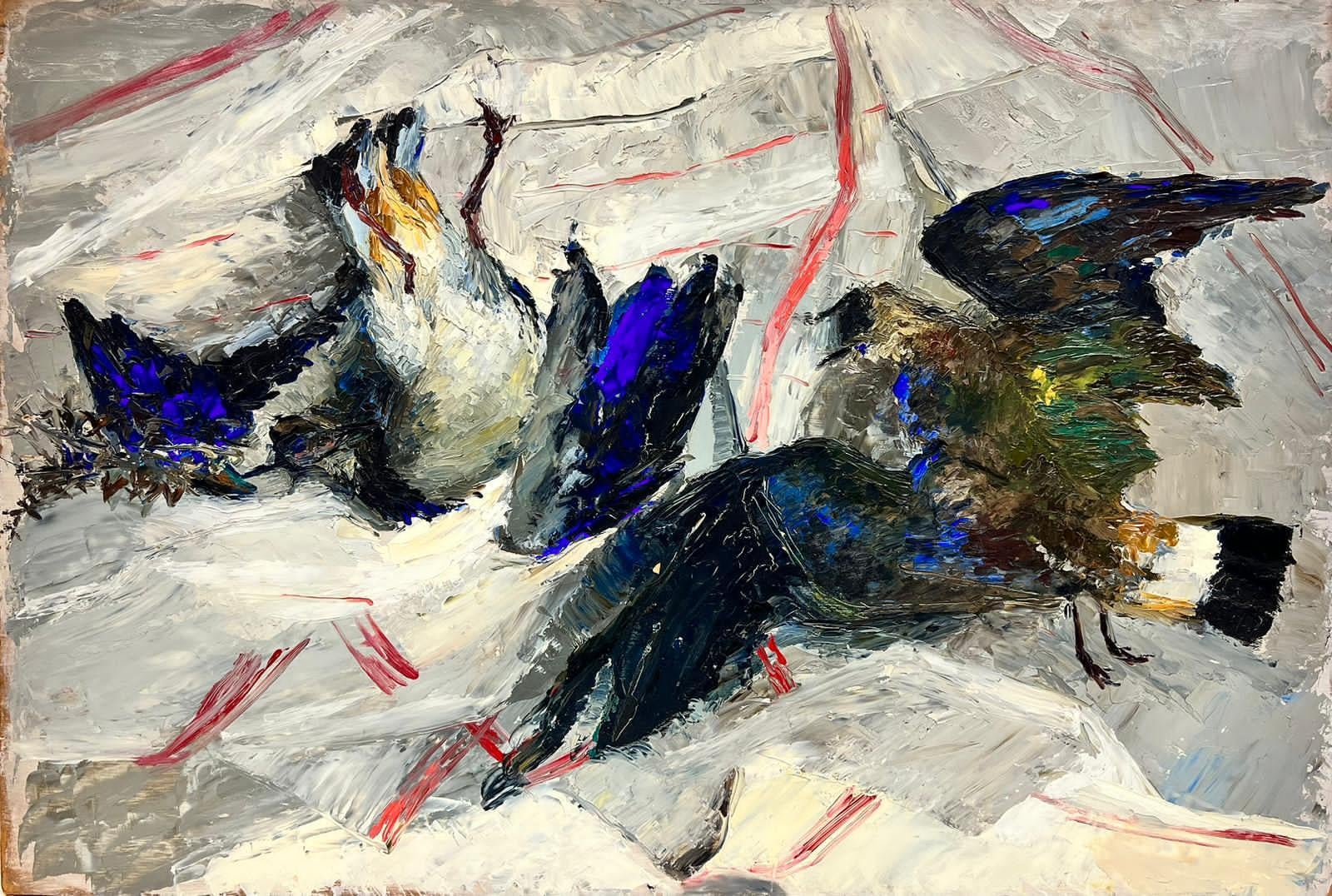 Josine Vignon Abstract Painting - Two Blue Dancing Birds Thick Oil Impasto Animal Abstract