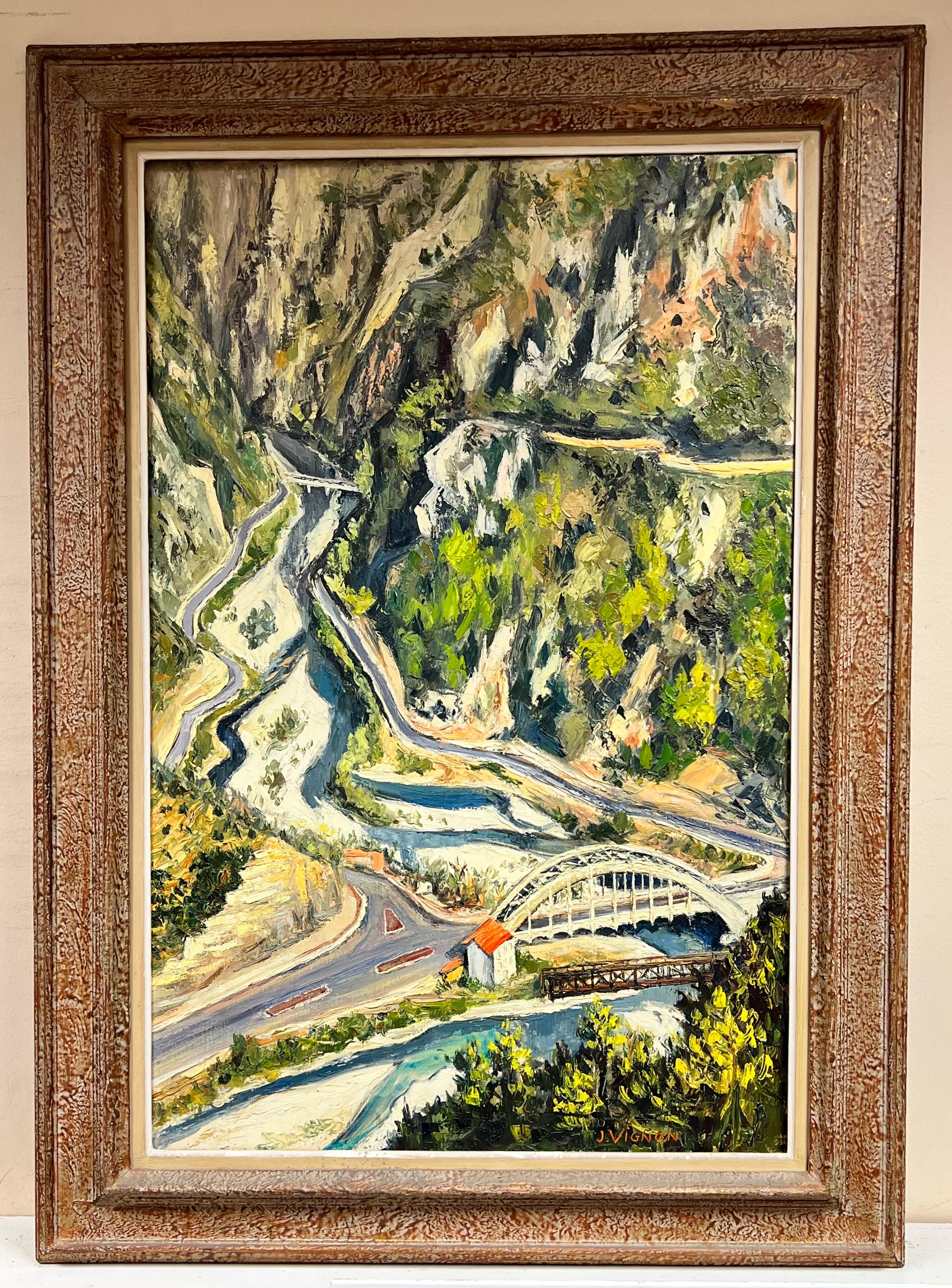 Very Thick Impasto Oil Huge 1960's French Oil Alpine Mountain Twisting Road Pass - Painting by Josine Vignon