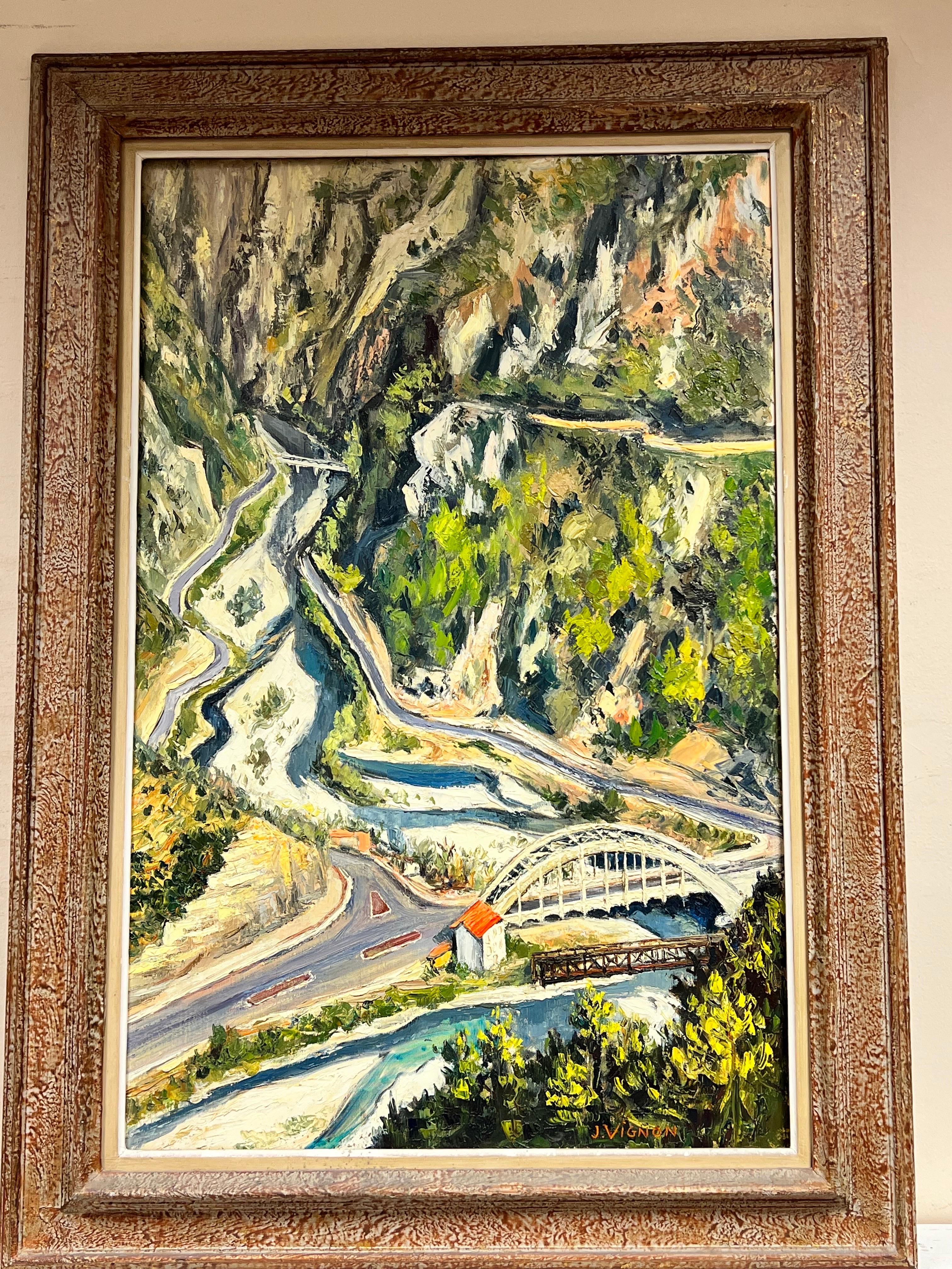 Very Thick Impasto Oil Huge 1960's French Oil Alpine Mountain Twisting Road Pass 1