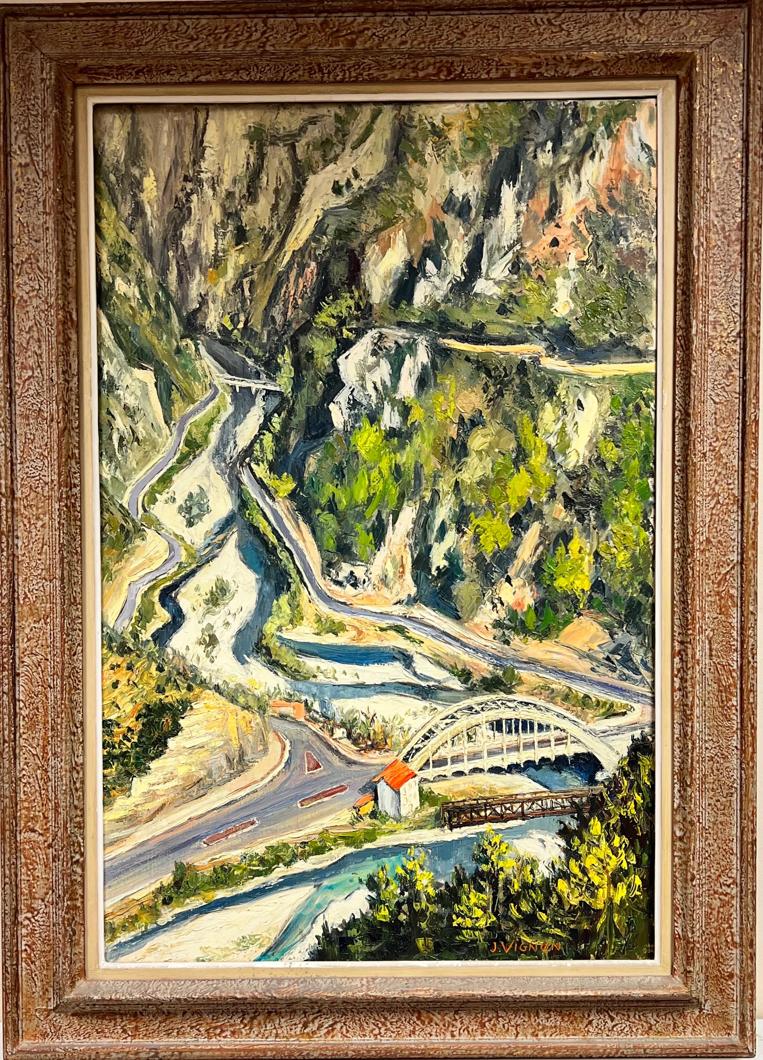 Very Thick Impasto Oil Huge 1960's French Oil Alpine Mountain Twisting Road Pass