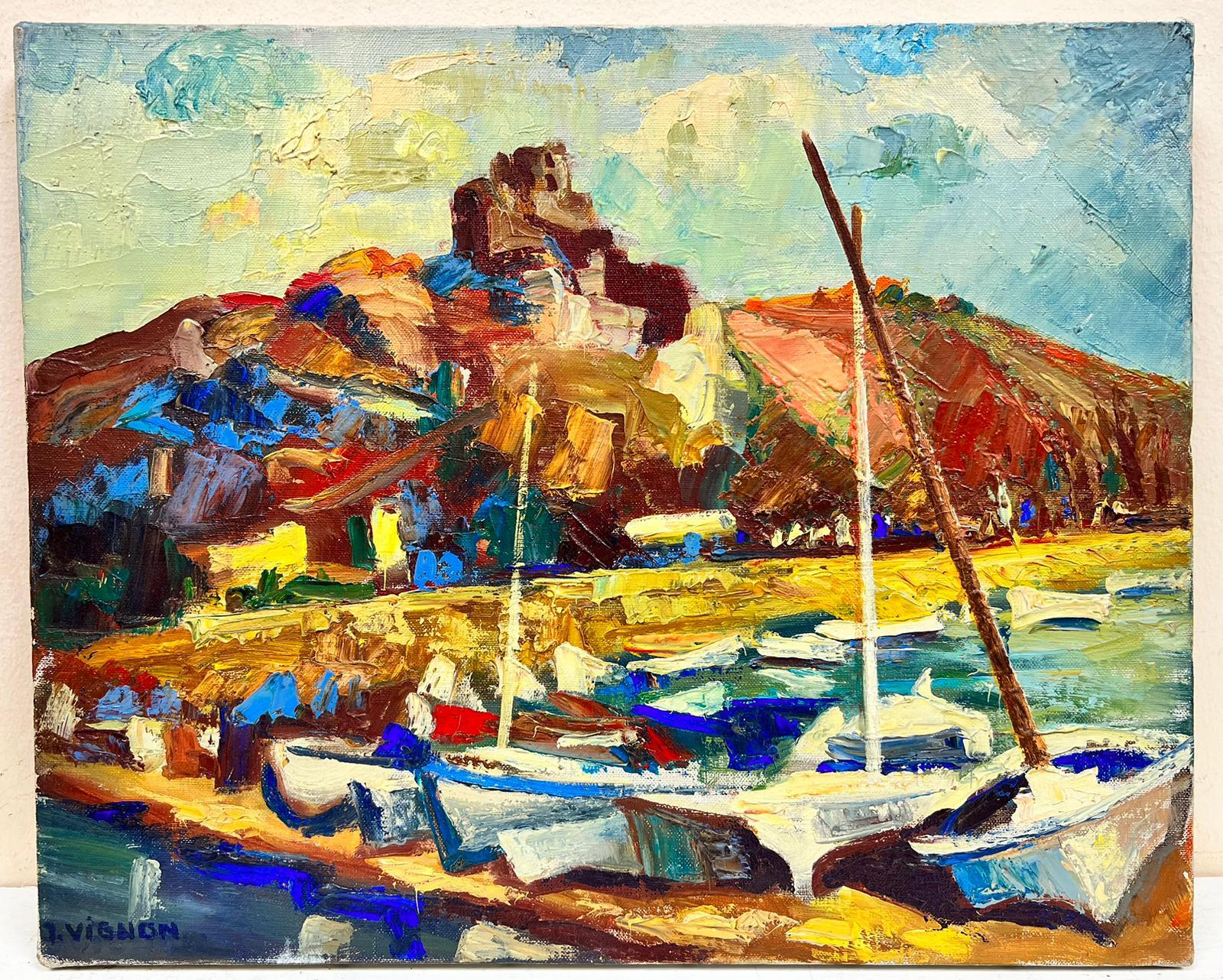 Vibrant Boats At The French Harbour Impressionist Signed Thick Oil Impasto - Painting by Josine Vignon