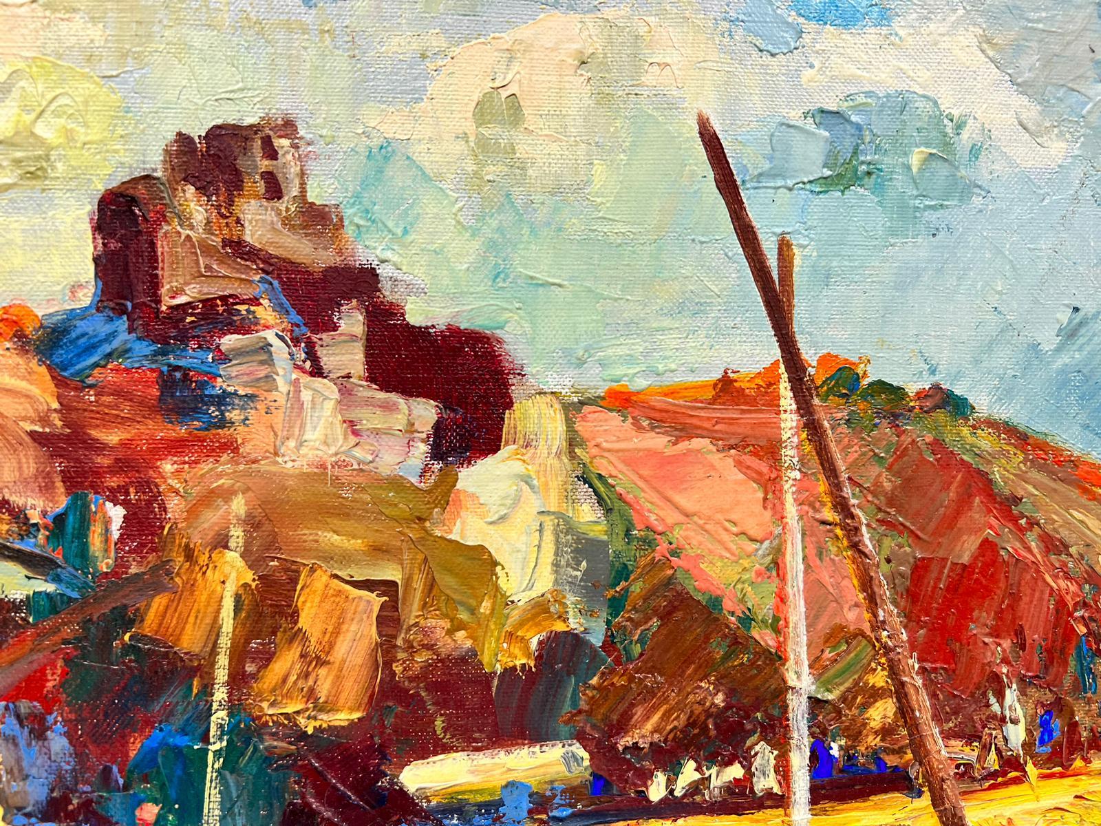 Boats At The Harbour
by Josine Vignon (French 1922-2022)
signed on front and back
oil painting on canvas, unframed

canvas: 13 x 16 inches

Colors: Red colors, brown, blue, yellow and orange

Very good condition

Provenance: from the artists estate,