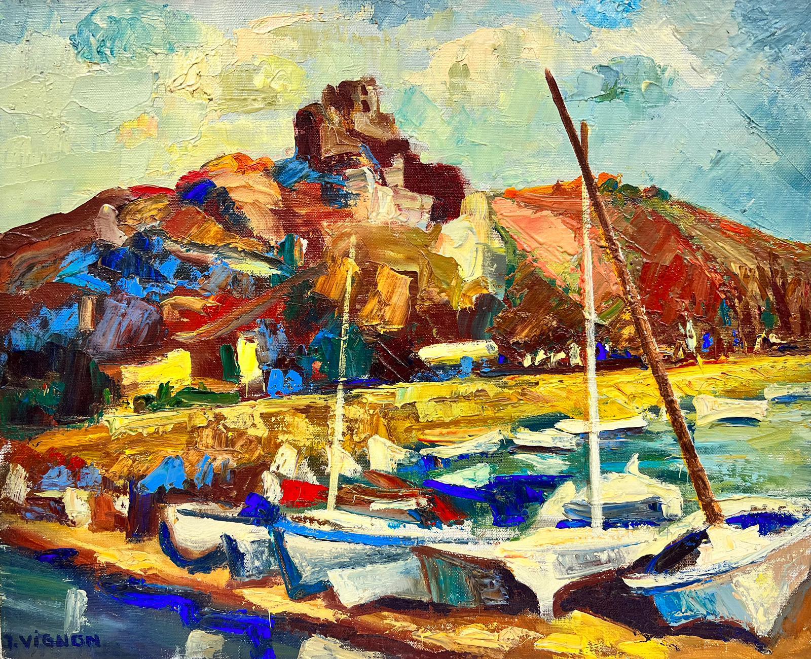 Josine Vignon Landscape Painting - Vibrant Boats At The French Harbour Impressionist Signed Thick Oil Impasto