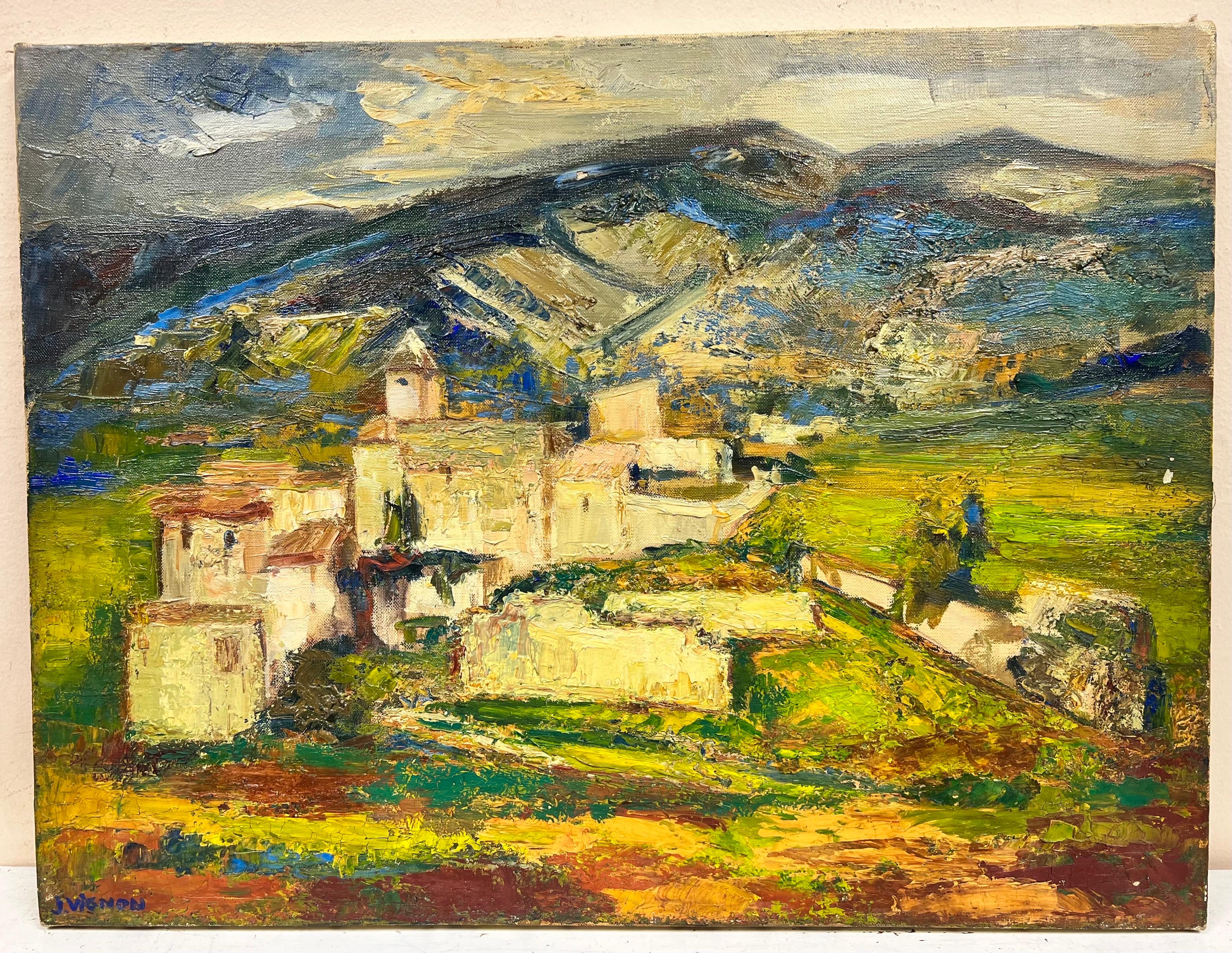 Village In Provence Landscape Signed Thick Impasto French Oil - Painting by Josine Vignon
