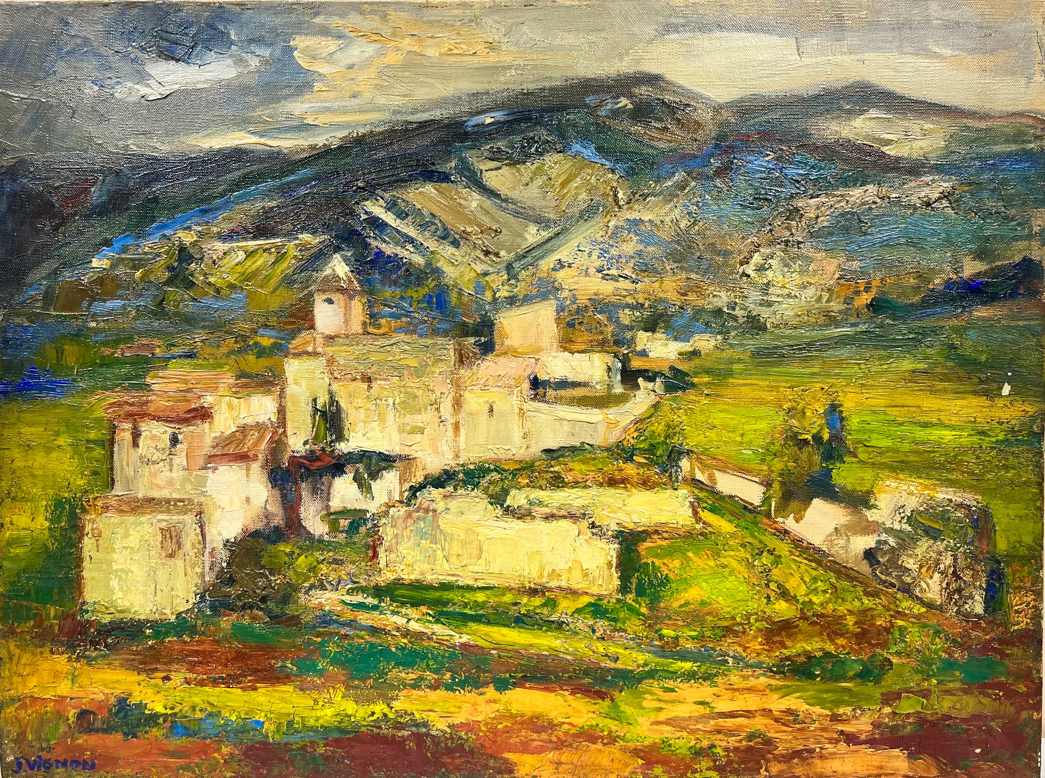 Josine Vignon Landscape Painting - Village In Provence Landscape Signed Thick Impasto French Oil