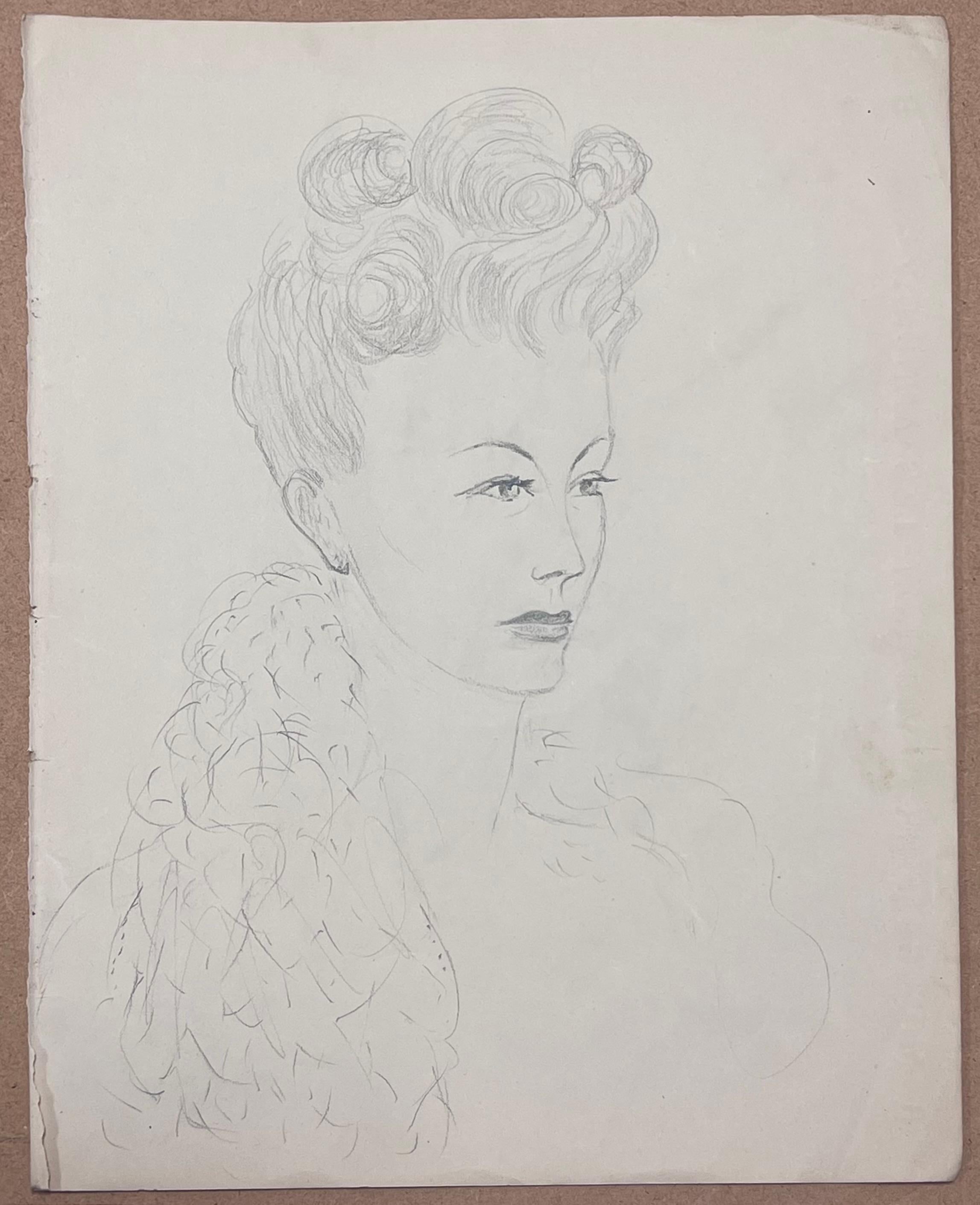 Französische Vintage-Sketch einer eleganten Dame in einem luxuriösen Pelz Stola aus der Mitte des Jahrhunderts (Post-Impressionismus), Art, von Josine Vignon