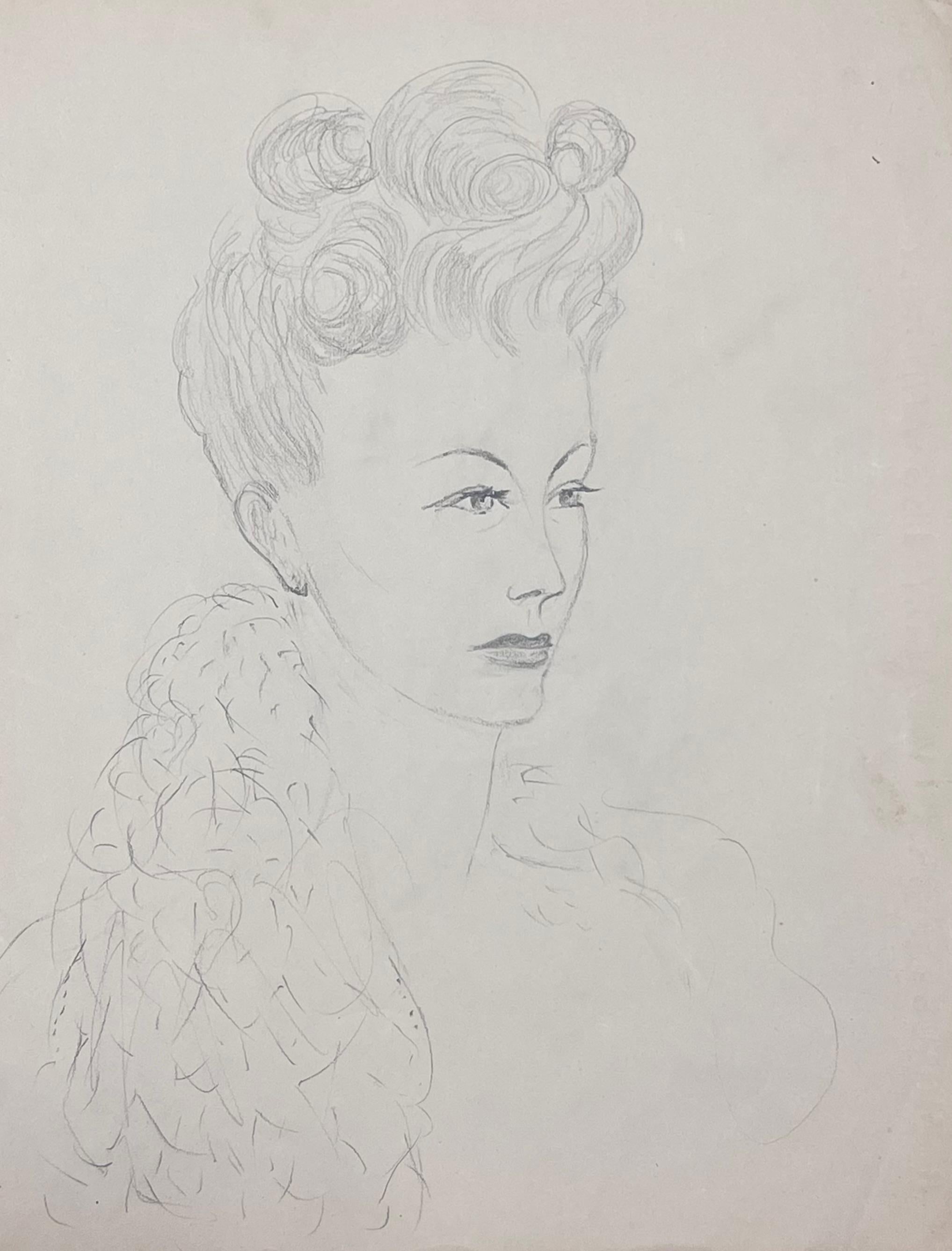 Französische Vintage-Sketch einer eleganten Dame in einem luxuriösen Pelz Stola aus der Mitte des Jahrhunderts