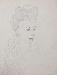 Dibujo francés vintage de mediados de siglo de una elegante dama con una lujosa estola de piel