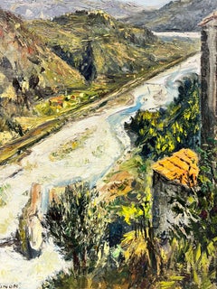 Lienzo de pintura al óleo Vintage Provençal Country Lane Old Buildings signed 1960's