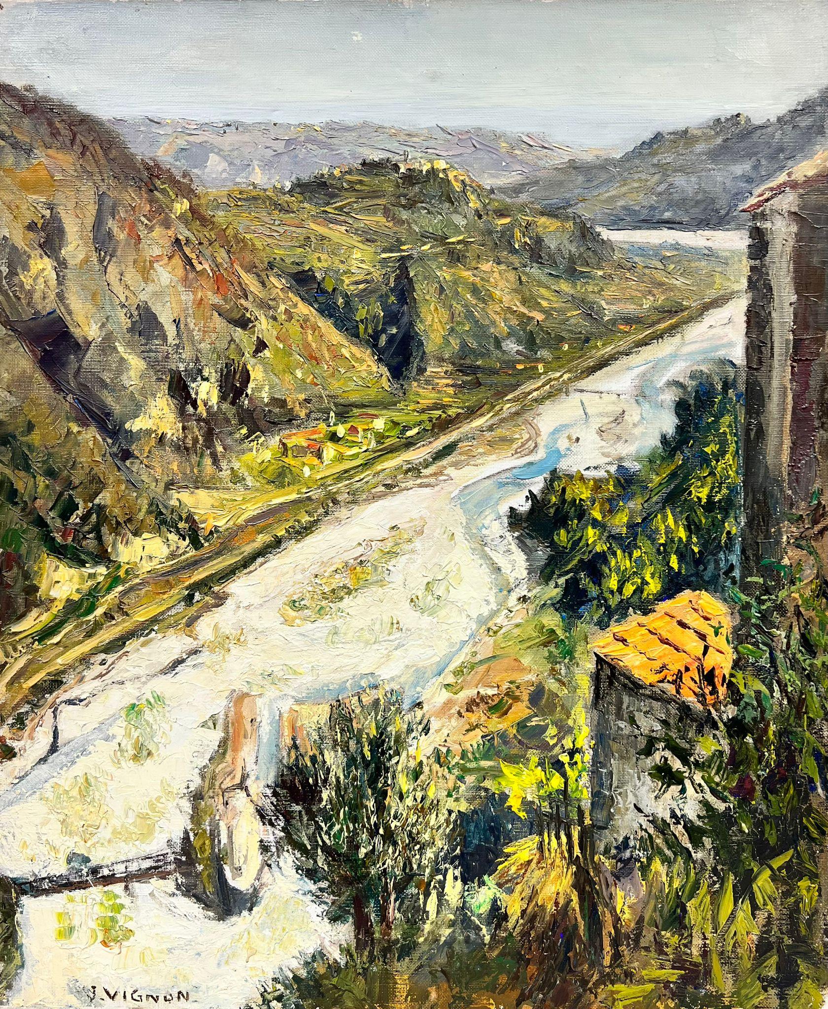 Josine Vignon Landscape Painting - Vintage Provençal Country Lane Old Buildings signed 1960’s Oil Painting canvas