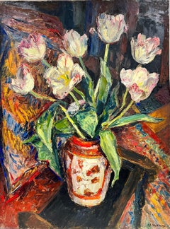 White and Pink Tulips In Vase Thick Oil Impasto French