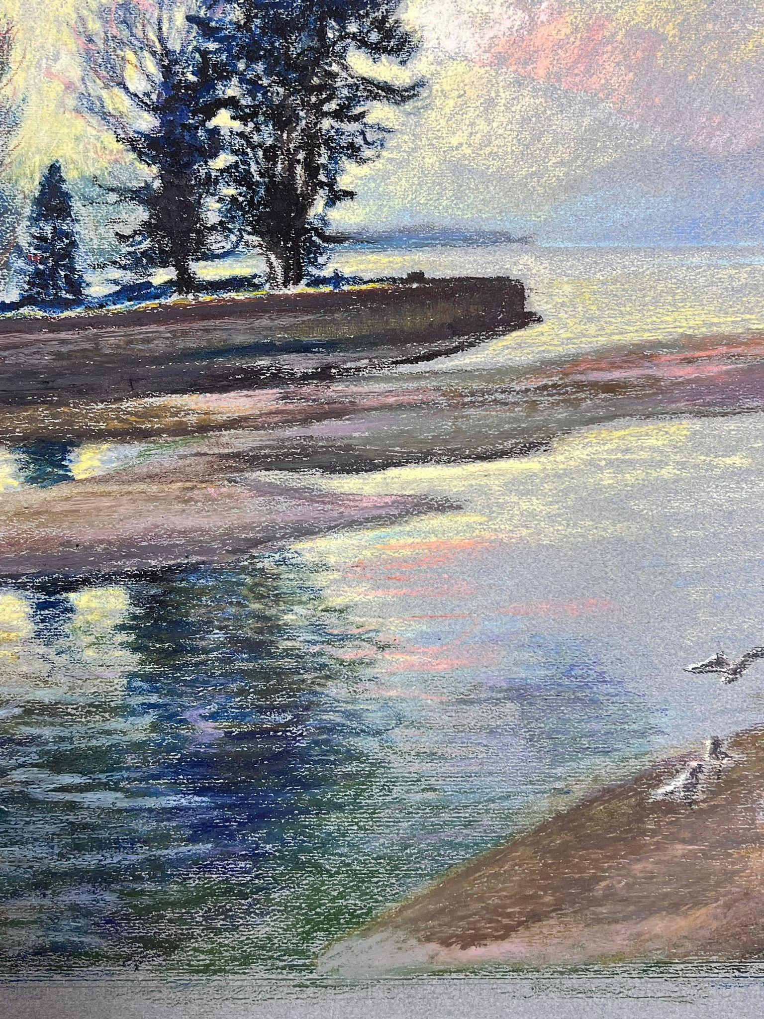 Weiße Vögel fliegen über blaue Seen Große 1970er Jahre Französisch Impressionist Pastell  – Painting von Josine Vignon
