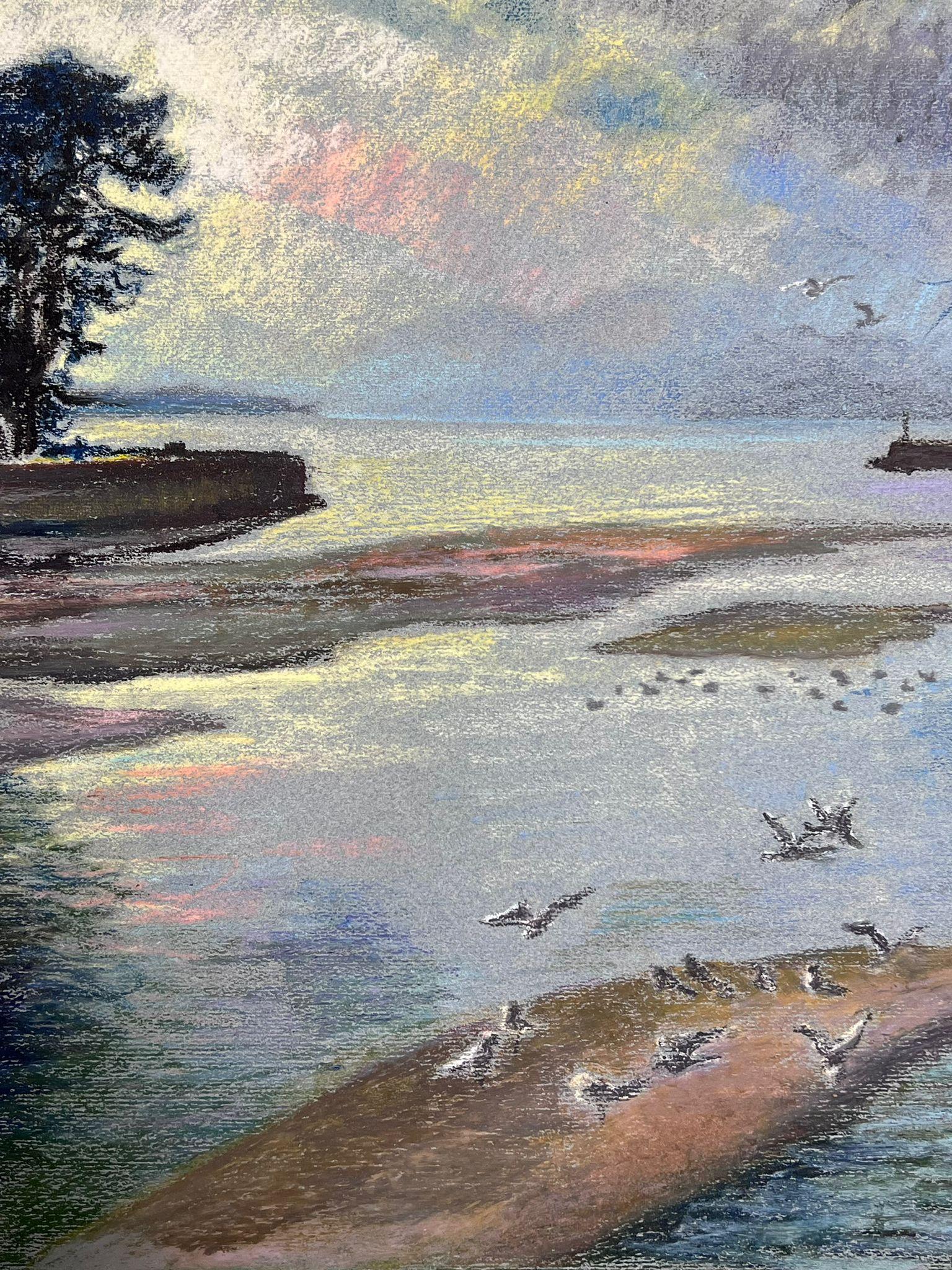 White Birds Flying Over Blue Lakes Large 1970's French Impressionist Pastel  For Sale 1