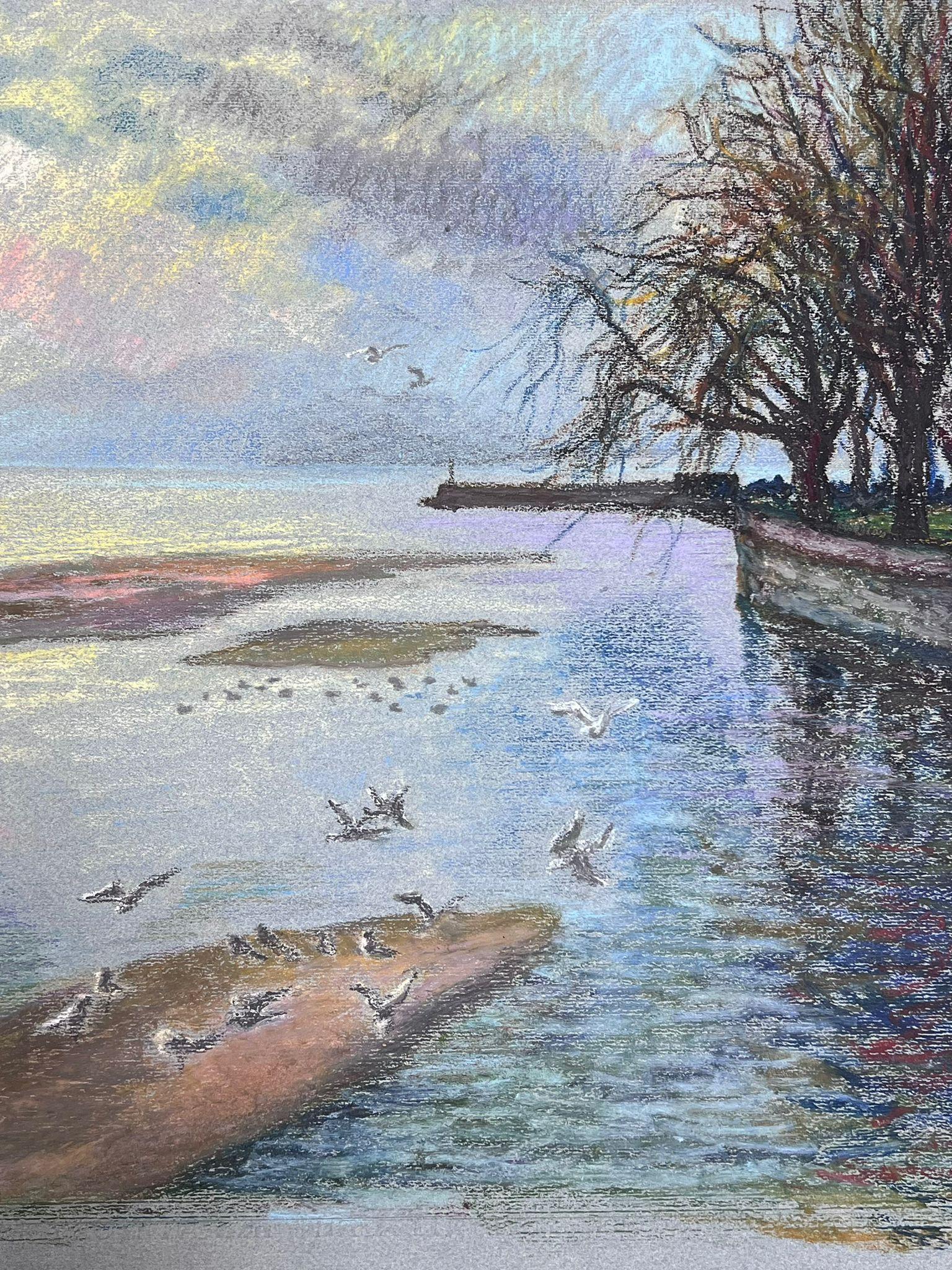 White Birds Flying Over Blue Lakes Large 1970's French Impressionist Pastel  For Sale 2