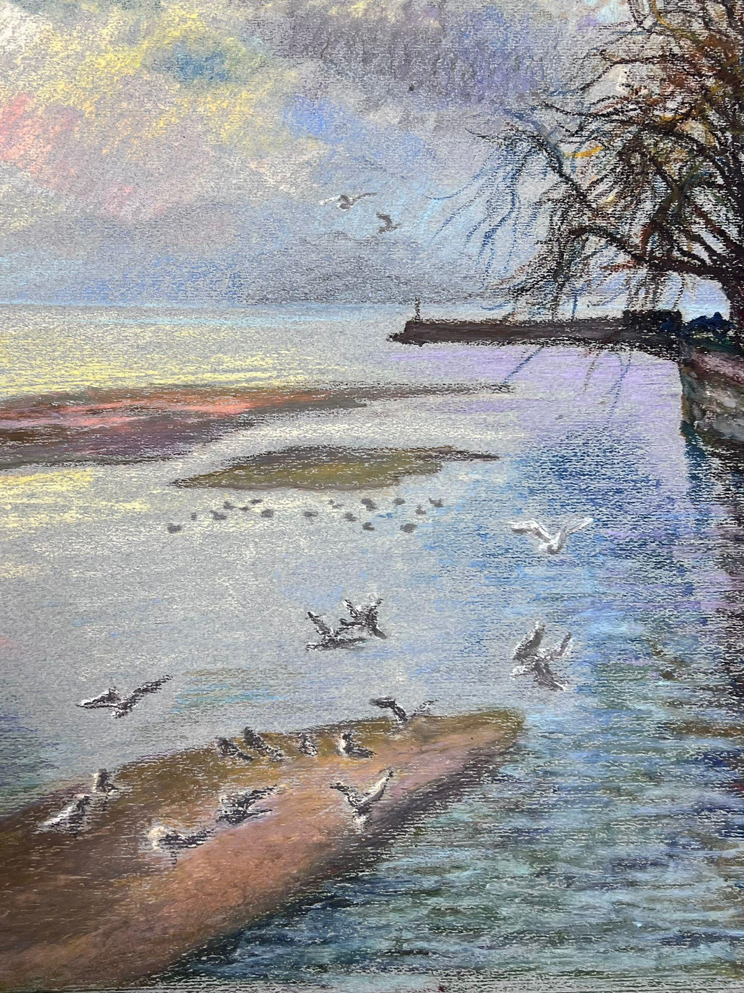 Weiße Vögel fliegen über blaue Seen Große 1970er Jahre Französisch Impressionist Pastell  im Angebot 2