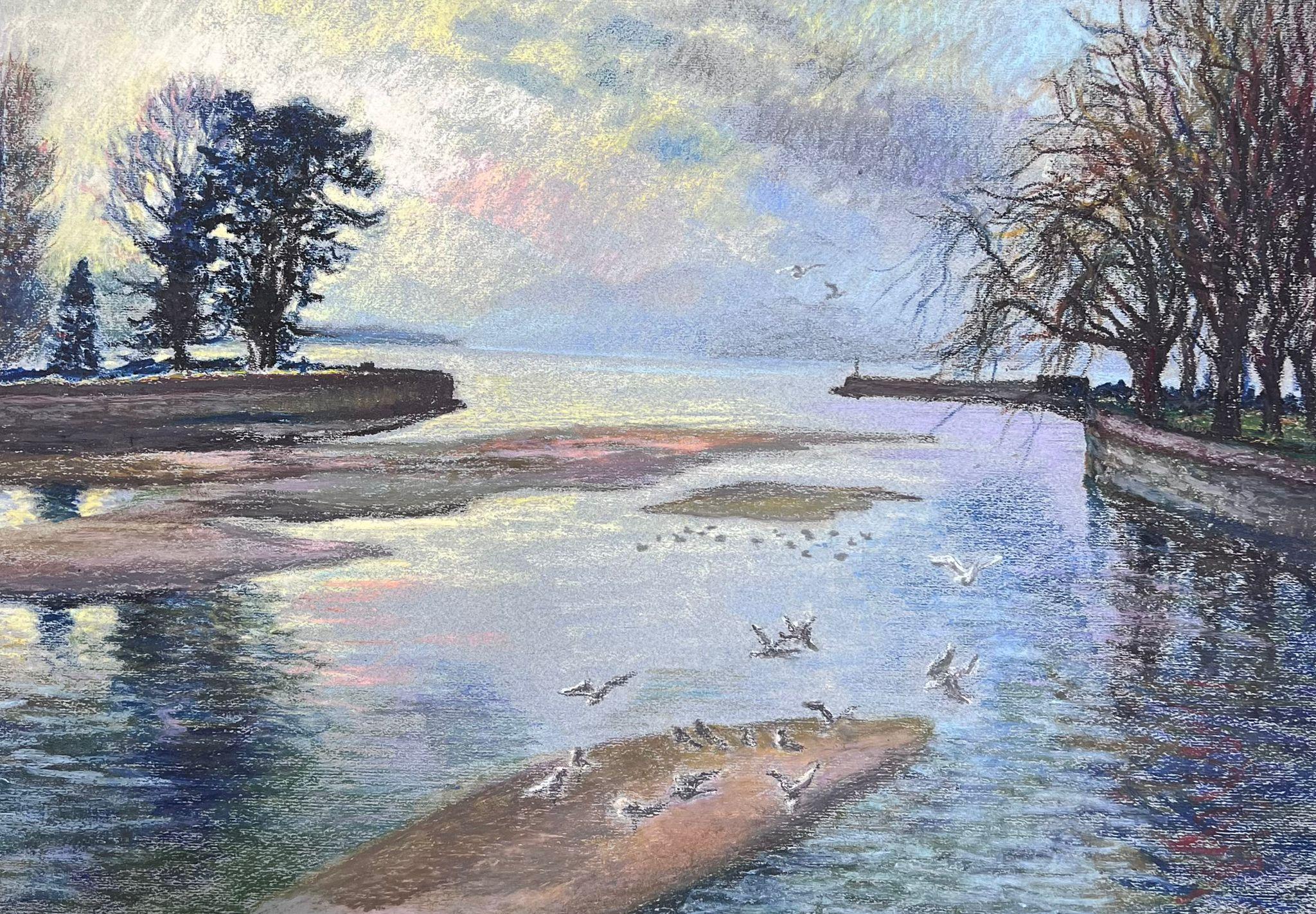 Josine Vignon Landscape Painting – Weiße Vögel fliegen über blaue Seen Große 1970er Jahre Französisch Impressionist Pastell 